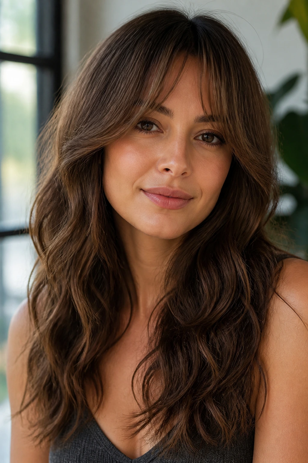 Close-up portrait of a real woman with a blown-out fringe, lifted at the roots, in a window-lit room.