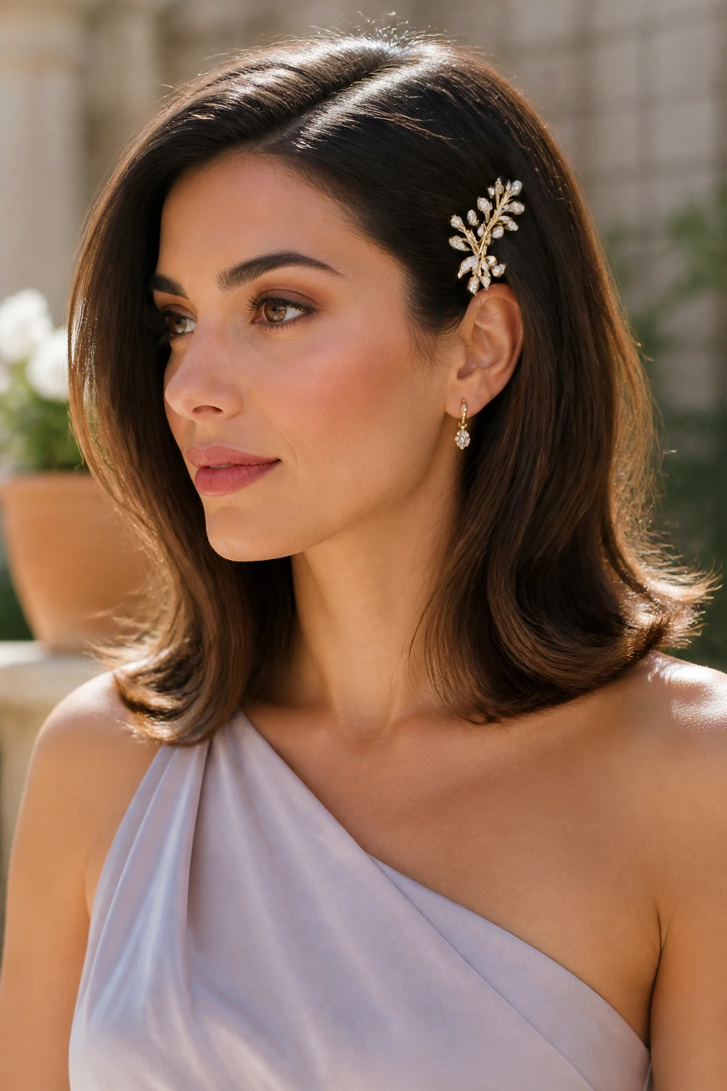 Close-up of a real woman with a shoulder-grazing blowout and a hair jewelry piece.