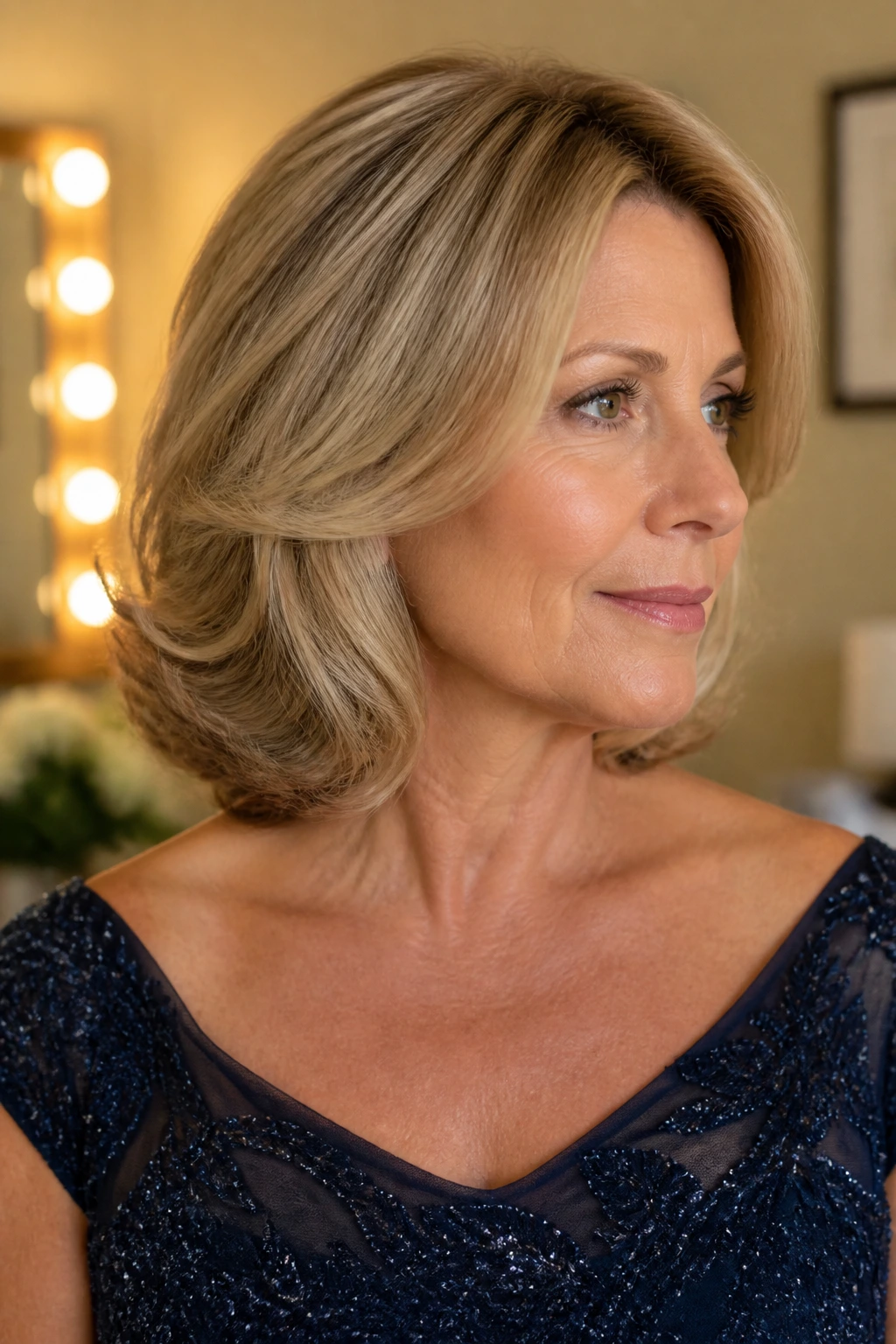 Close-up of a real woman with a shoulder-length blowout and deep side part showing staying power without stiffness