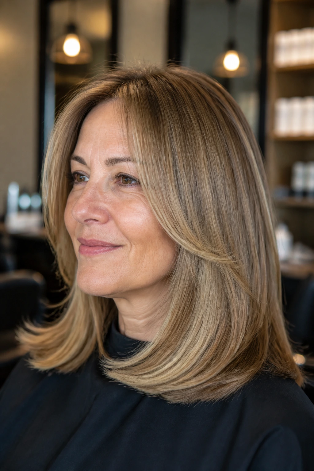 Portrait of a real woman with a glossy blowout showing a heavier bottom line in a salon setting