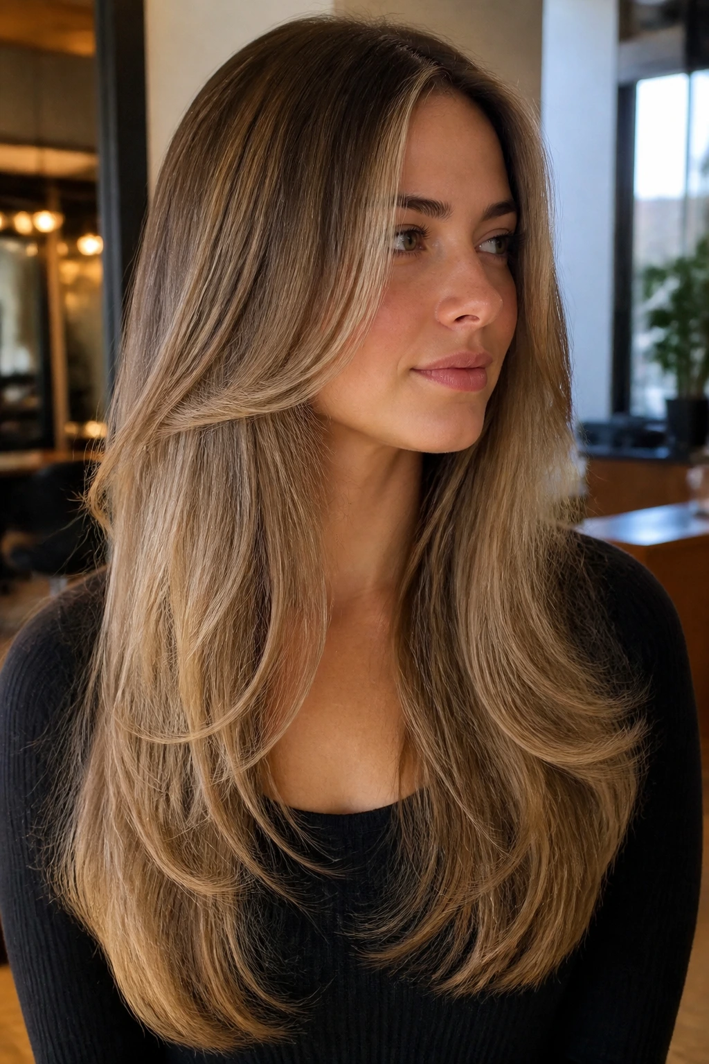 Portrait of a woman with a soft blowout, long layered hair framing the face, in a warm-lit room