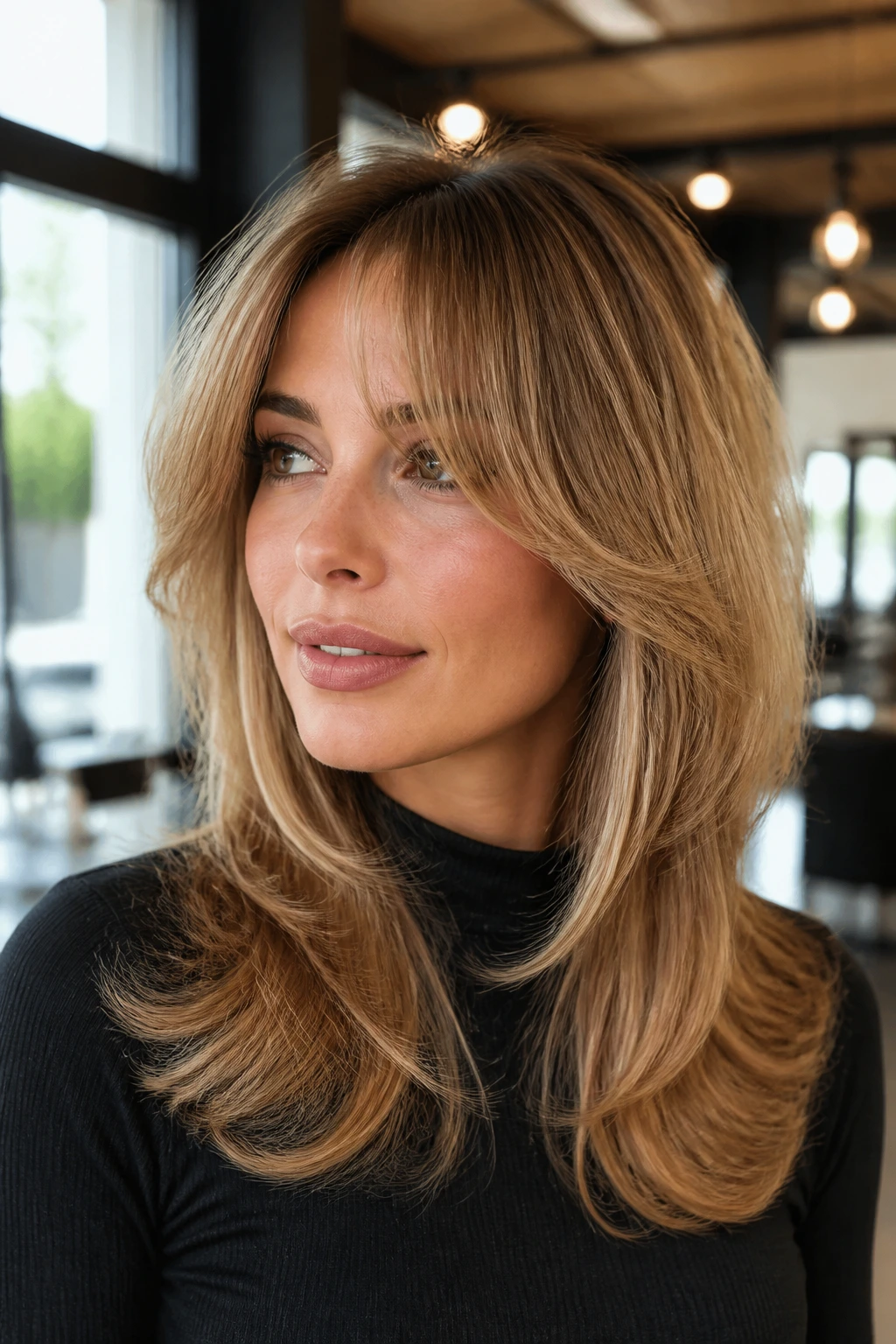 Portrait of a real person with blowout layers and arched fringe.