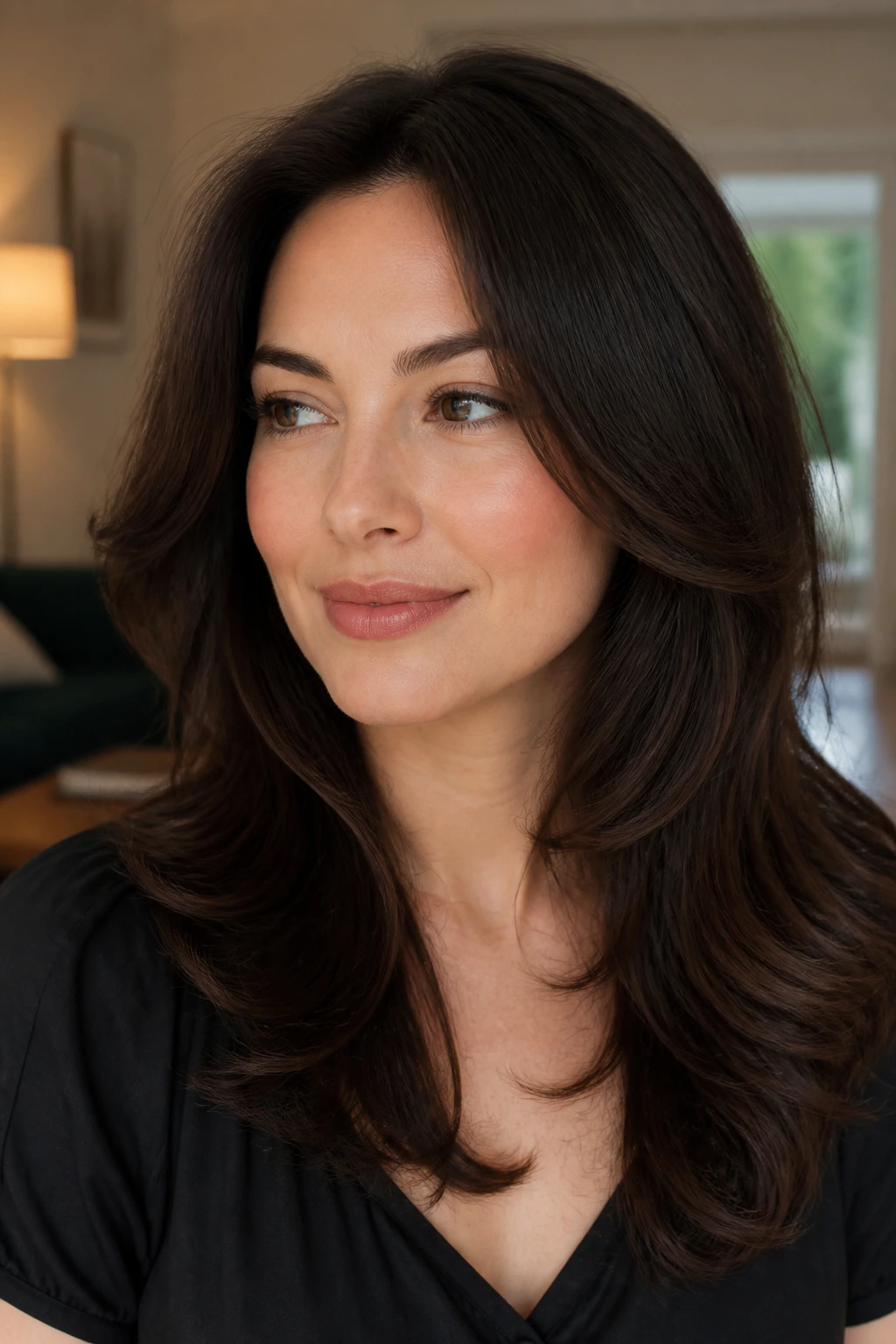 Close-up portrait showing blowout layers starting below the cheekbones