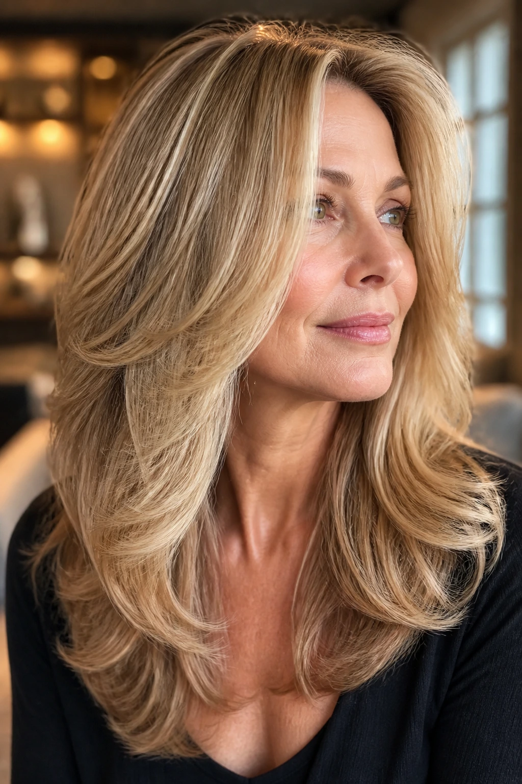 Real woman with brushed-out blowout layers in soft lighting