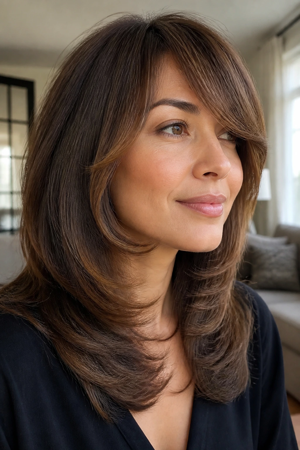 Portrait of a woman with blowout layers and cheekbone lift in natural lighting.