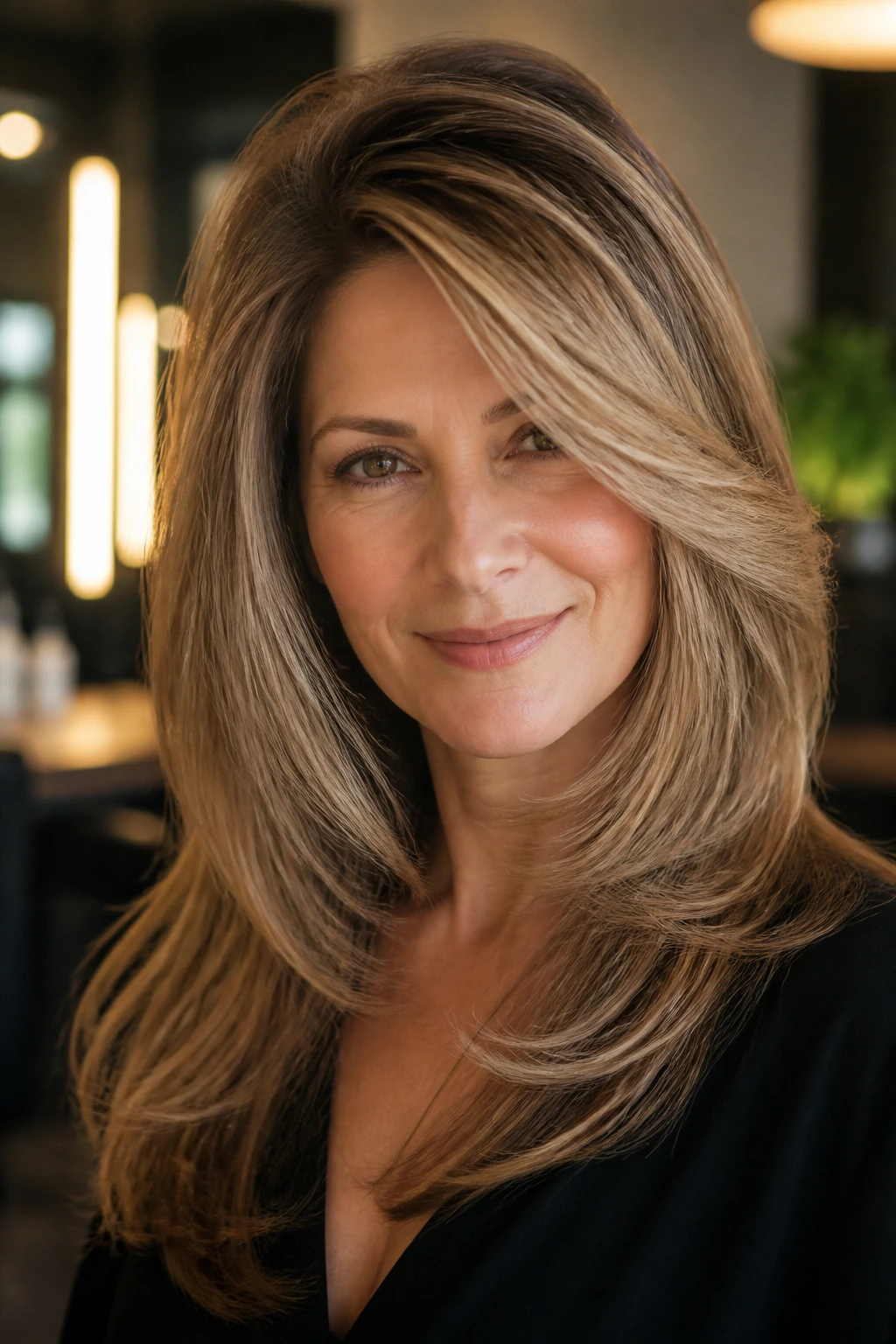 Close-up of a real woman showing crown lift and blown-out layers in the hair