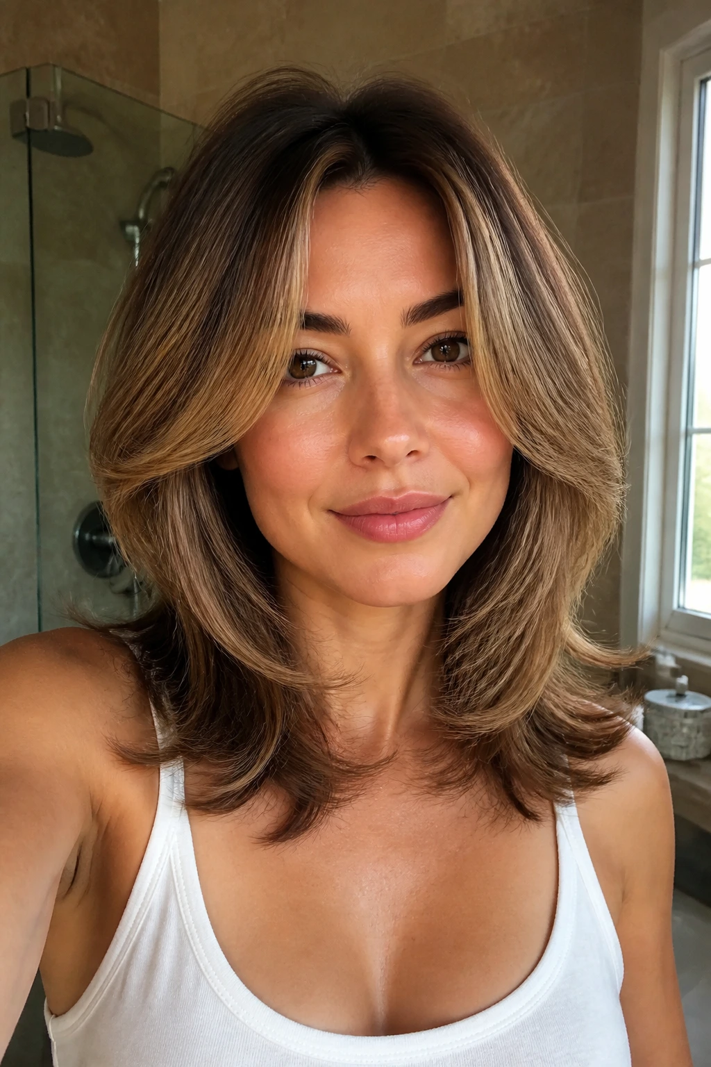 Real woman with long layered blowout and face-framing ends.