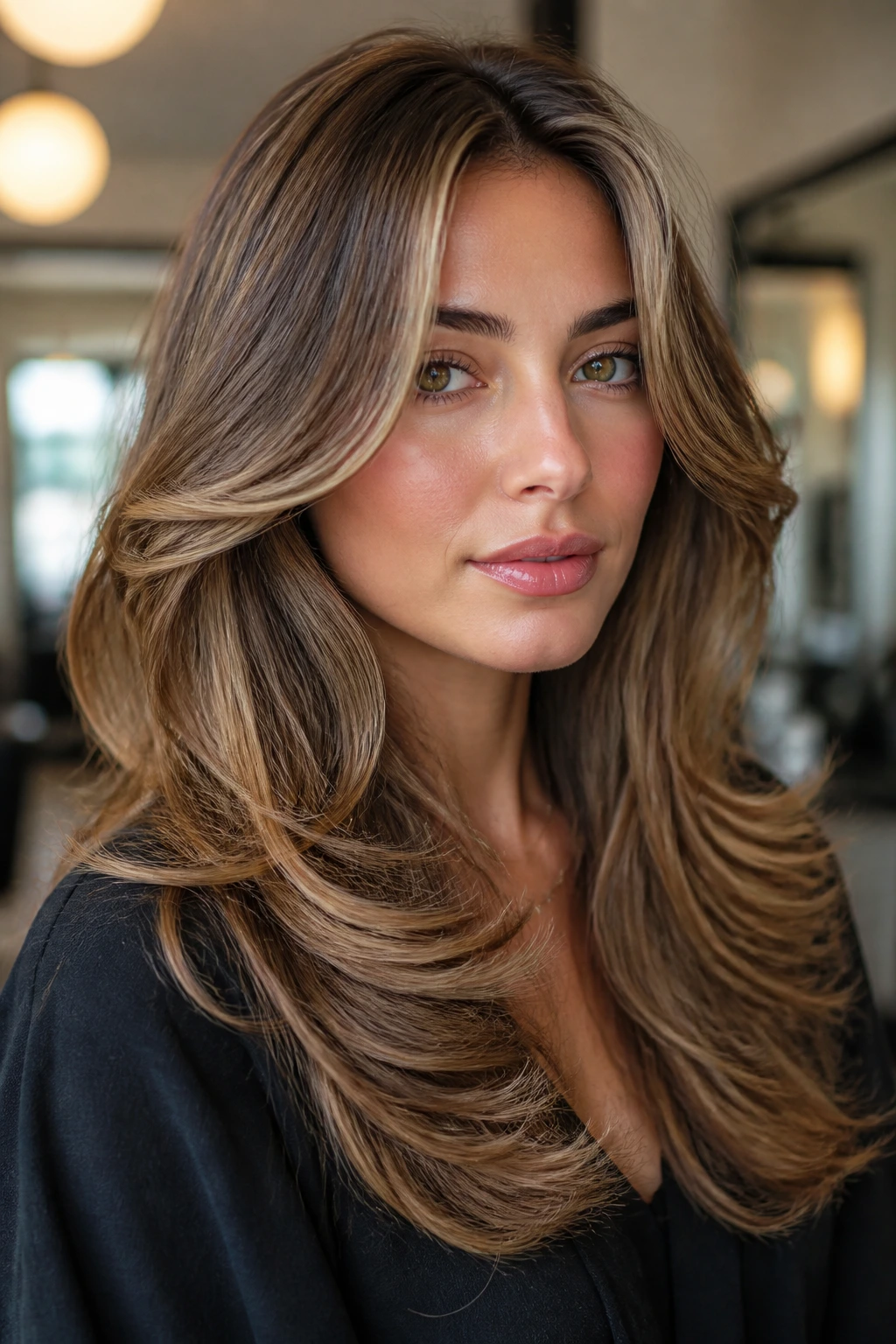 Close-up portrait of a woman with glossy blowout layers and lifted crown in a salon