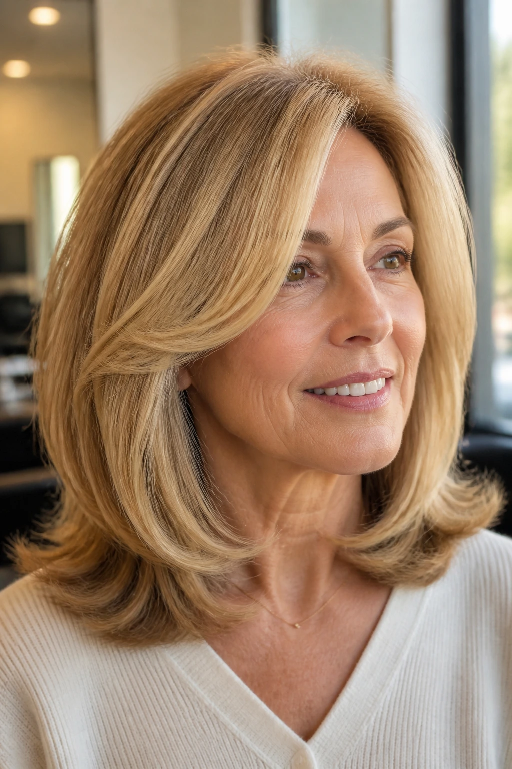 Close-up of a real woman with blowout layers bending at the ends, shoulder-length hairstyle