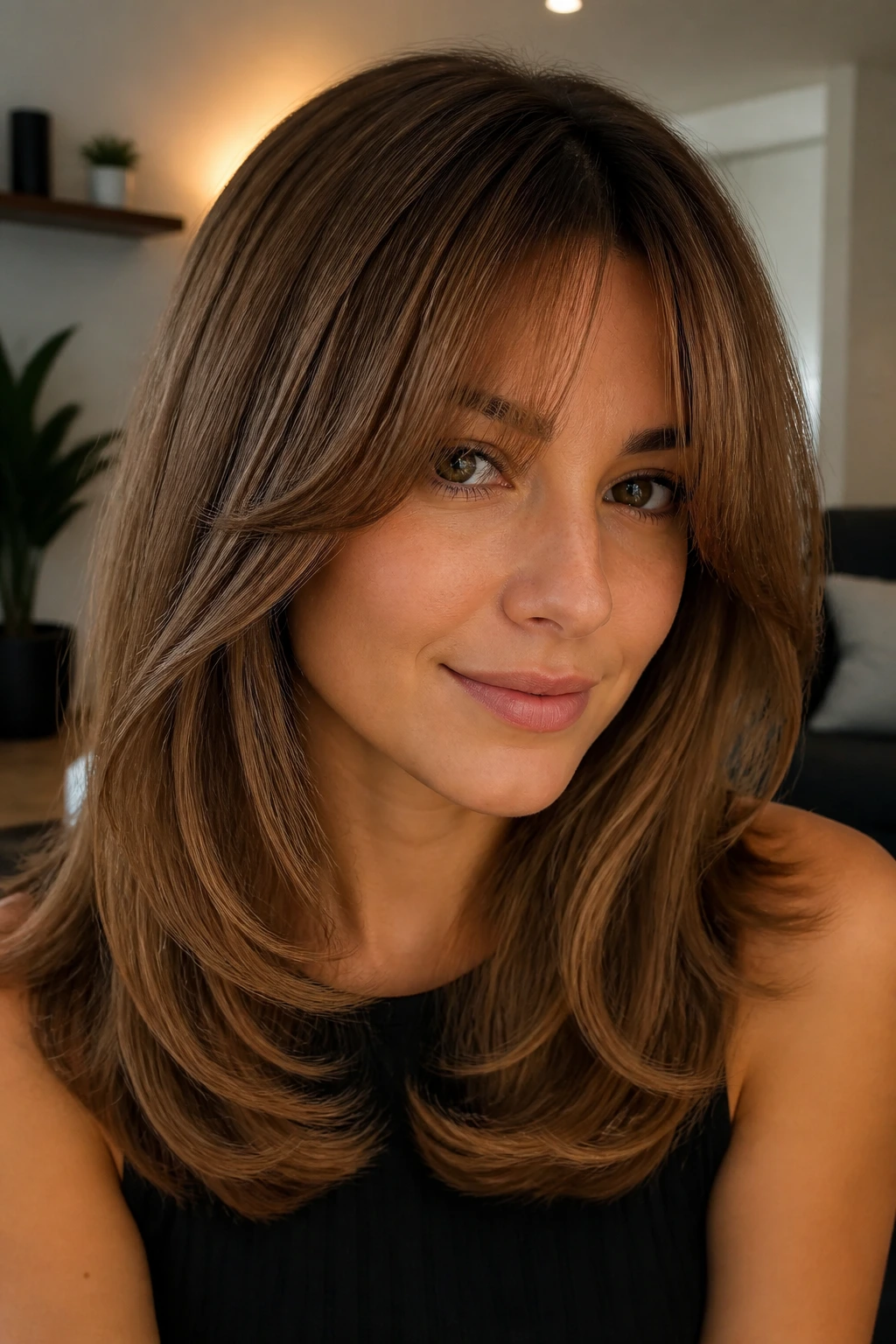 Portrait of a real person with blowout bounce layers and open curtain bangs.