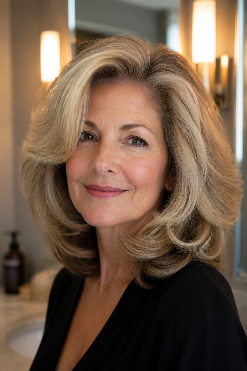 Close-up of a real woman's voluminous blowout layers with crown lift and soft curled ends