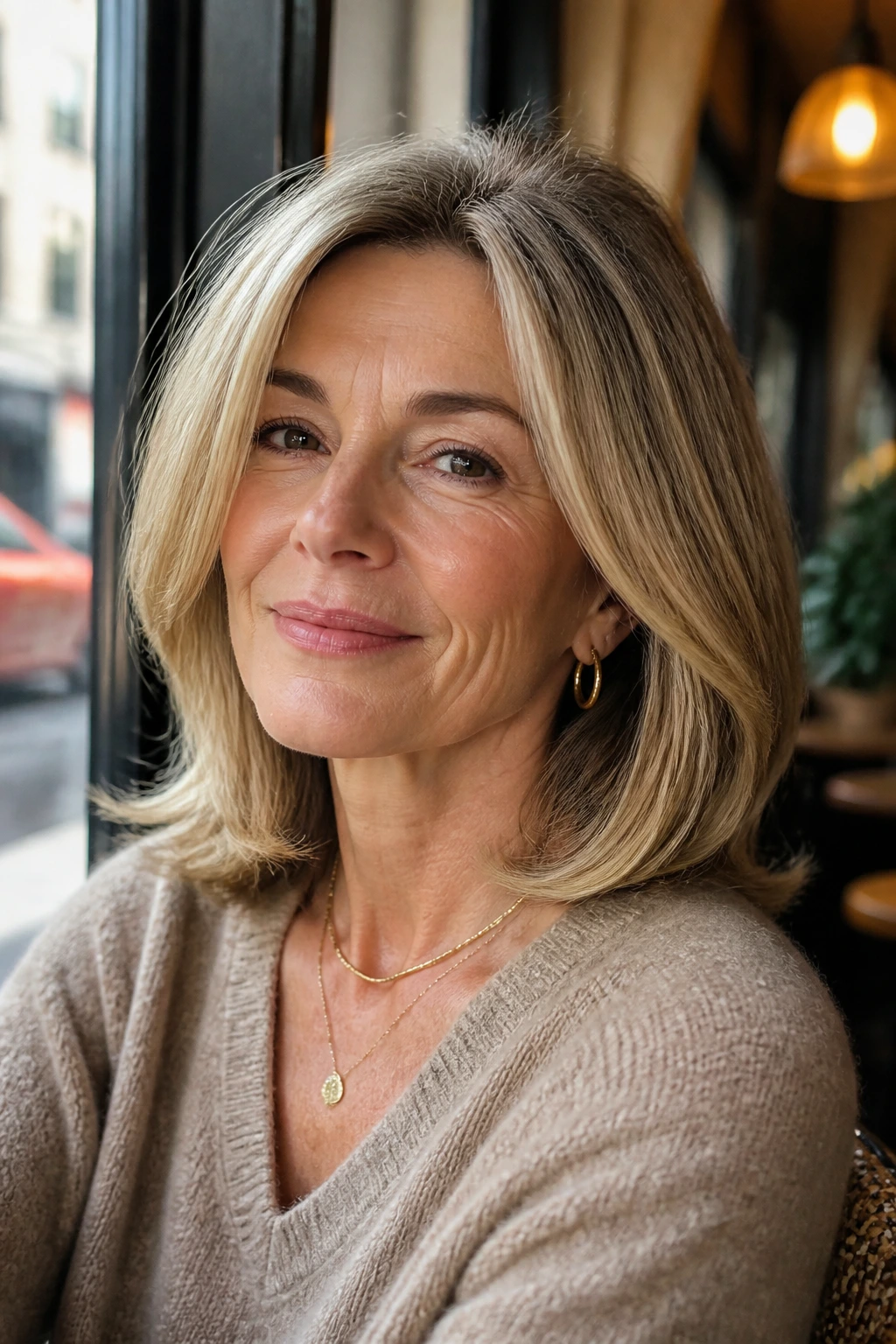 Close-up portrait of a real woman with a blowout lob and bent ends