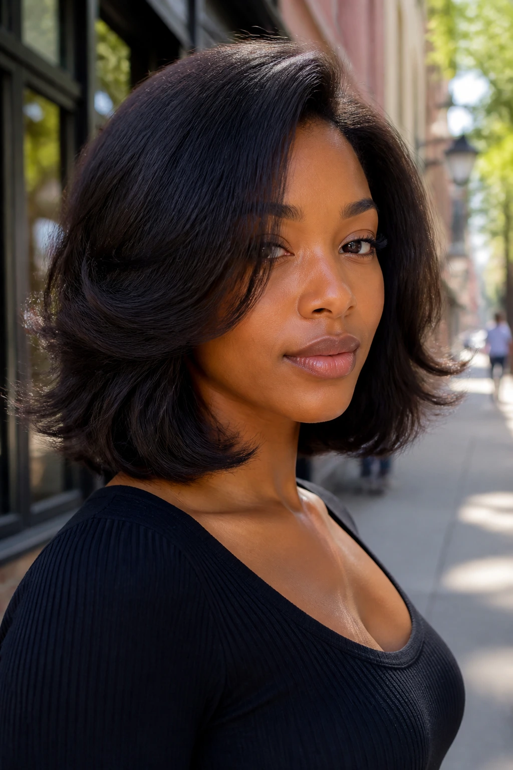 Close-up of a real Black woman with a blowout lob and feathered ends