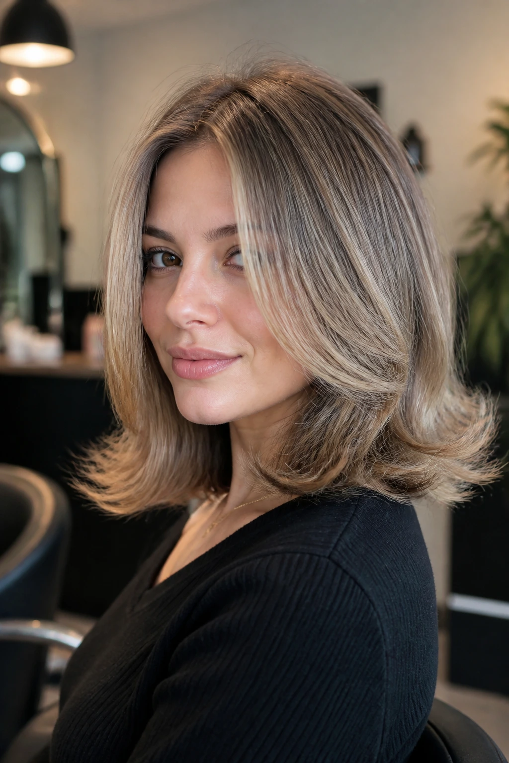 Real person with blowout lob and flipped ends in a soft salon setting