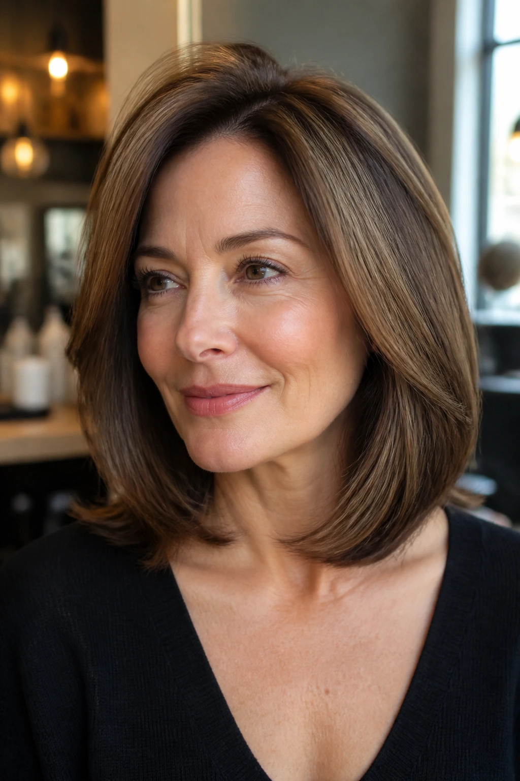 Close-up portrait of a real woman with a classic blowout lob, smooth roots and lifted crown