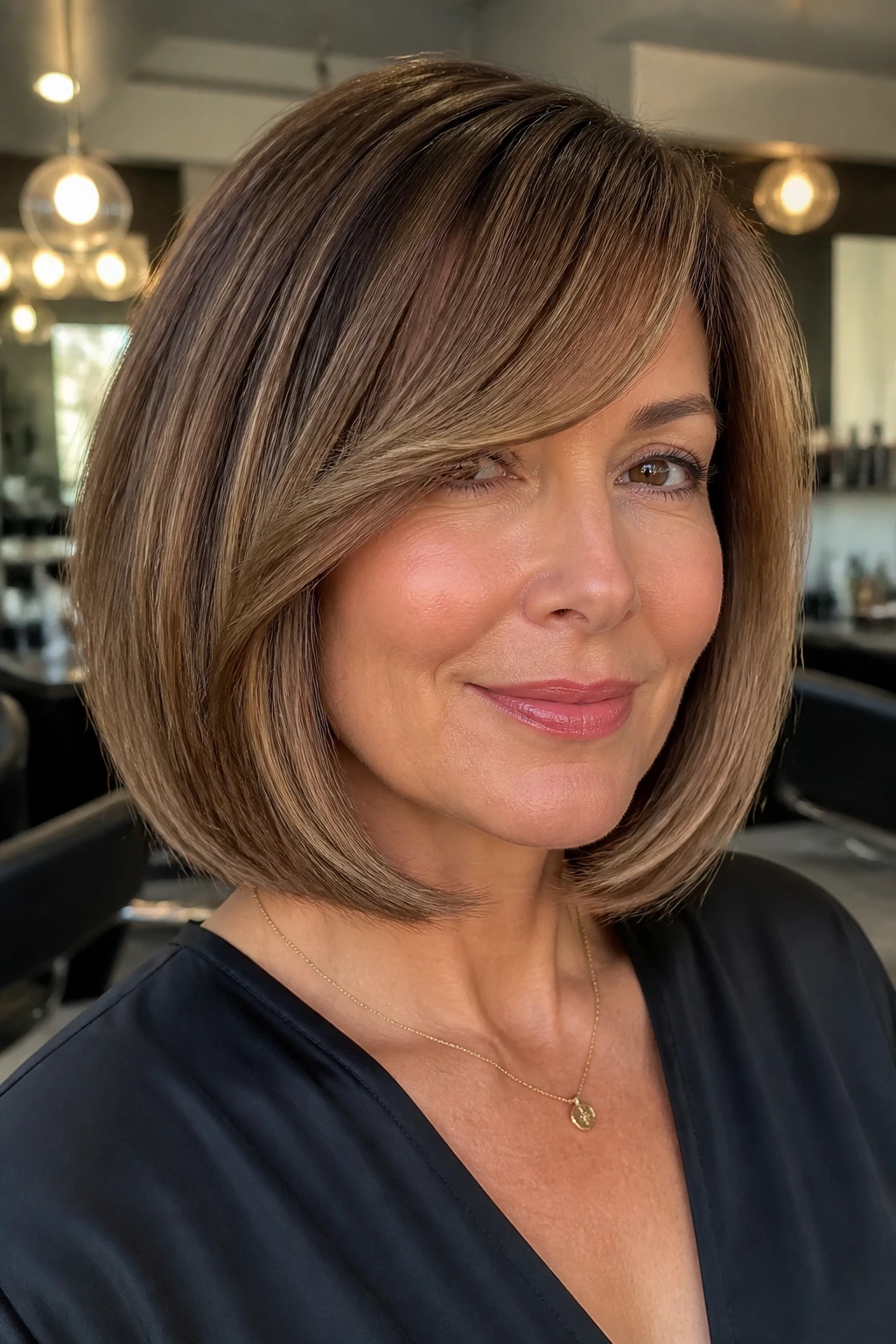Close-up portrait of a real woman with a polished blowout lob and side-swept bang.