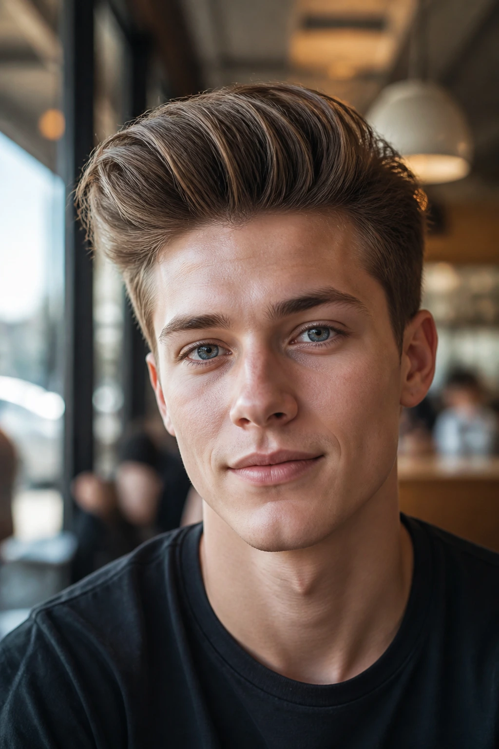 Close-up portrait of a real person with a blowout quiff in a sunlit cafe