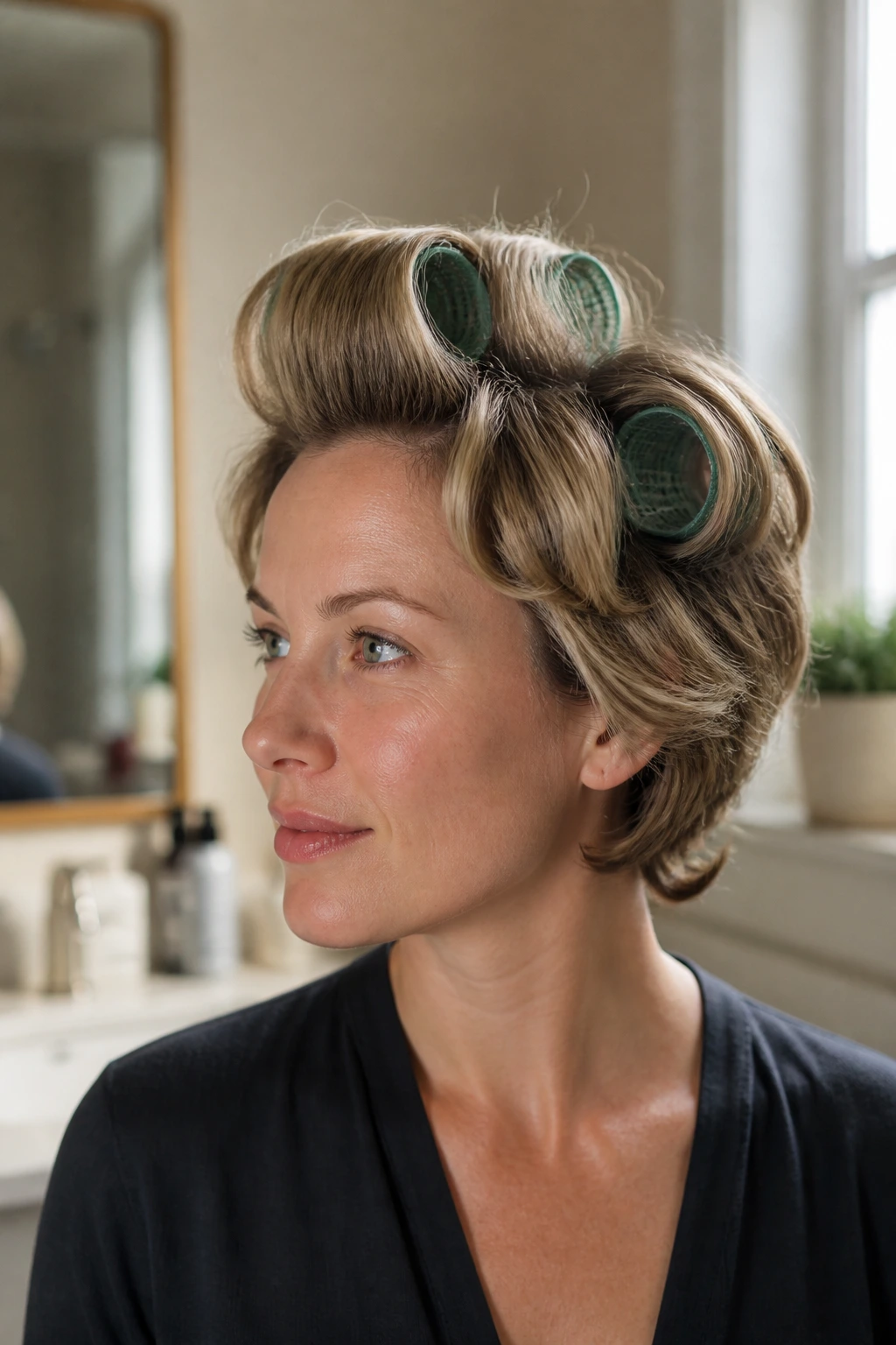 Close-up of a real woman with voluminous short wavy hair after a soft blowout