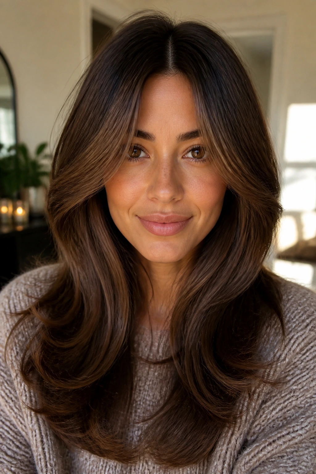 Portrait of woman with round-brush blowout and center part