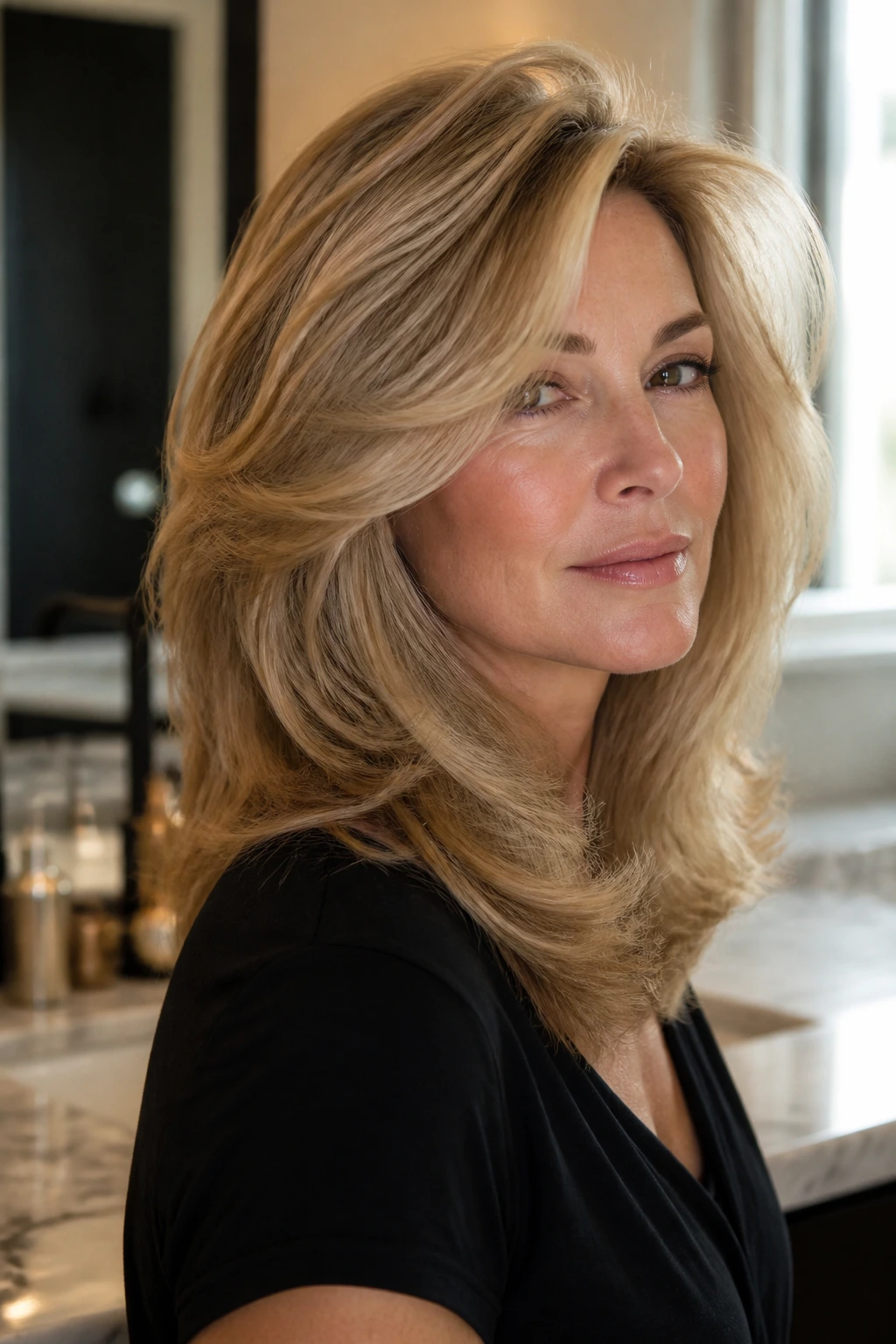 Close-up of a real woman with a blowout and rounded ends in a stylish bathroom