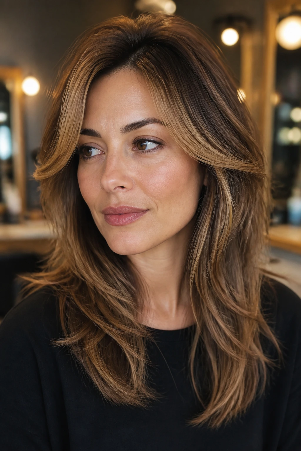 Close-up portrait of a real woman with face-frame flip hairstyle in warm salon light