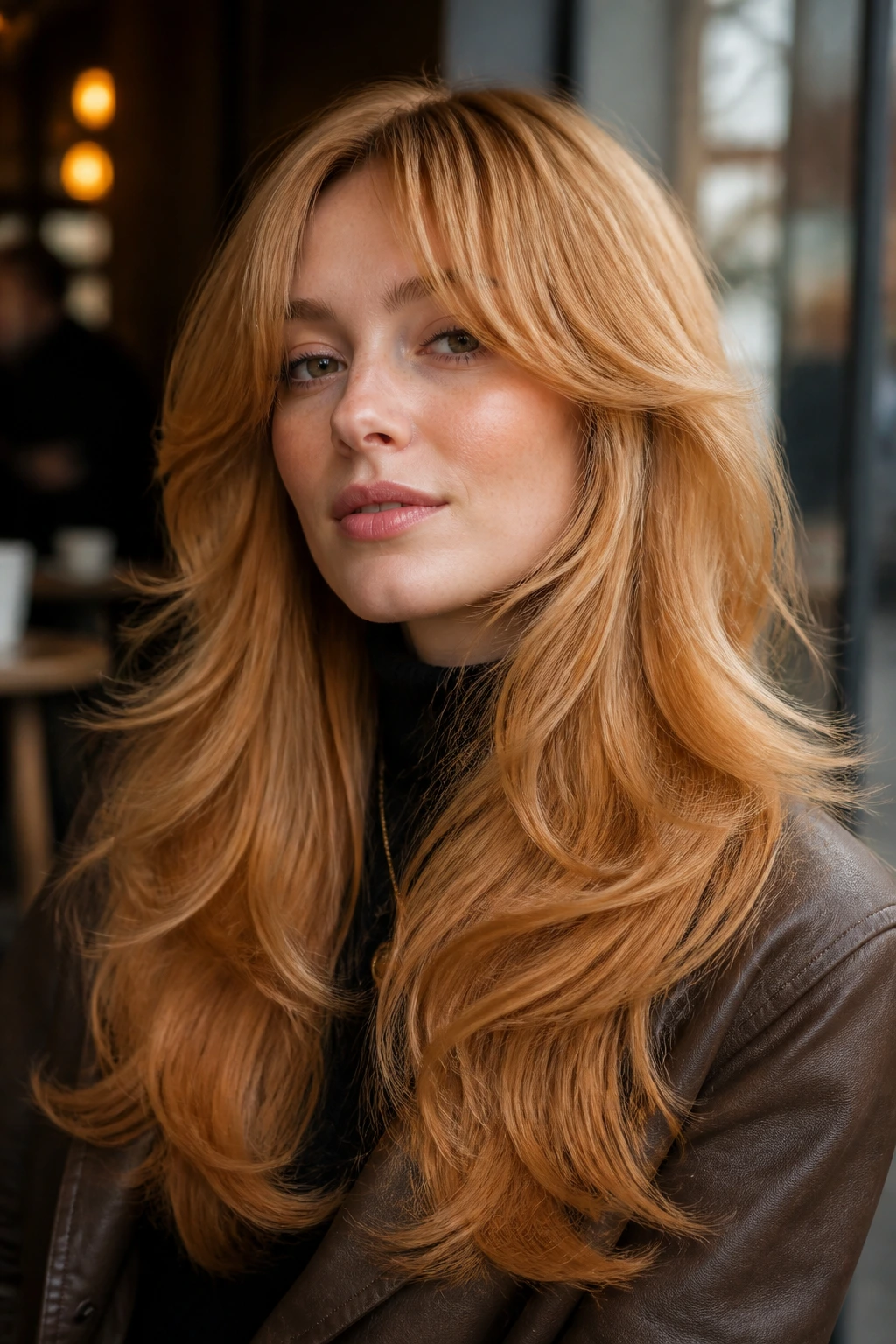 Portrait of a real woman with rounded 70s blowout shag.