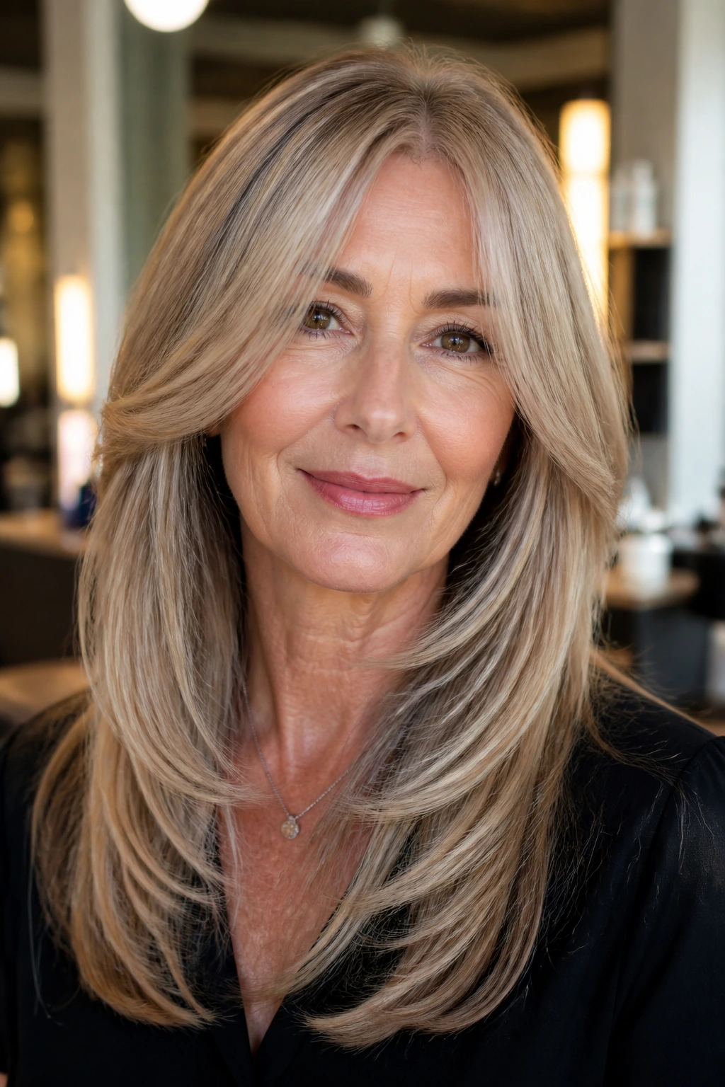 Close-up of a real woman with blowout-friendly layers curved away from the face in a salon