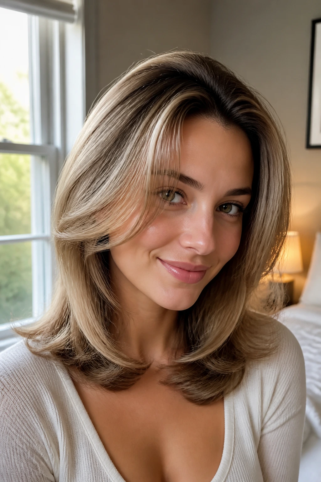 Close-up of a real woman showcasing a defined blowout shape with lifted crown and face-framing waves