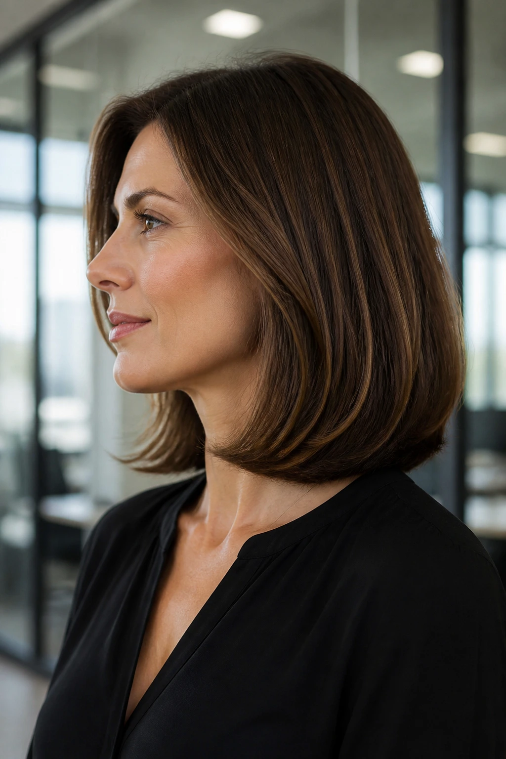 Side profile of a woman with shoulder-length blowout with ends tucked under