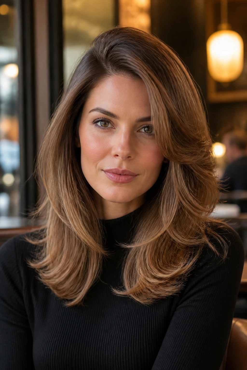 Portrait of a real woman with polished side-part blowout and crown lift.
