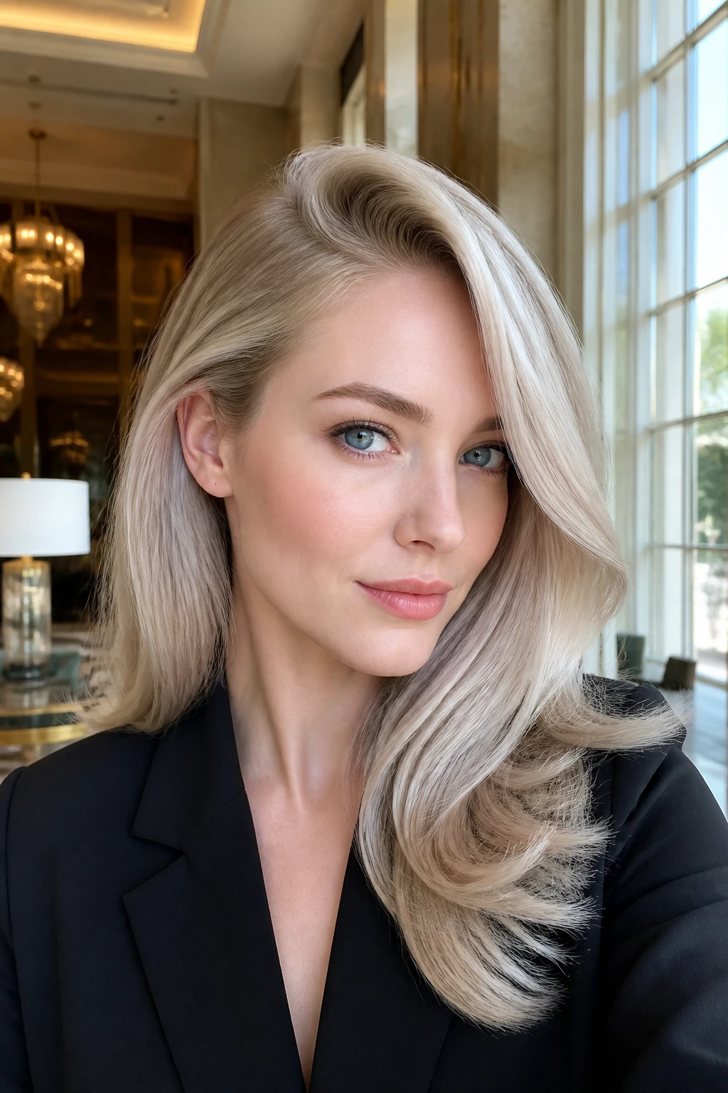 Close-up of a real person with a polished blowout and side sweep in steel blonde.