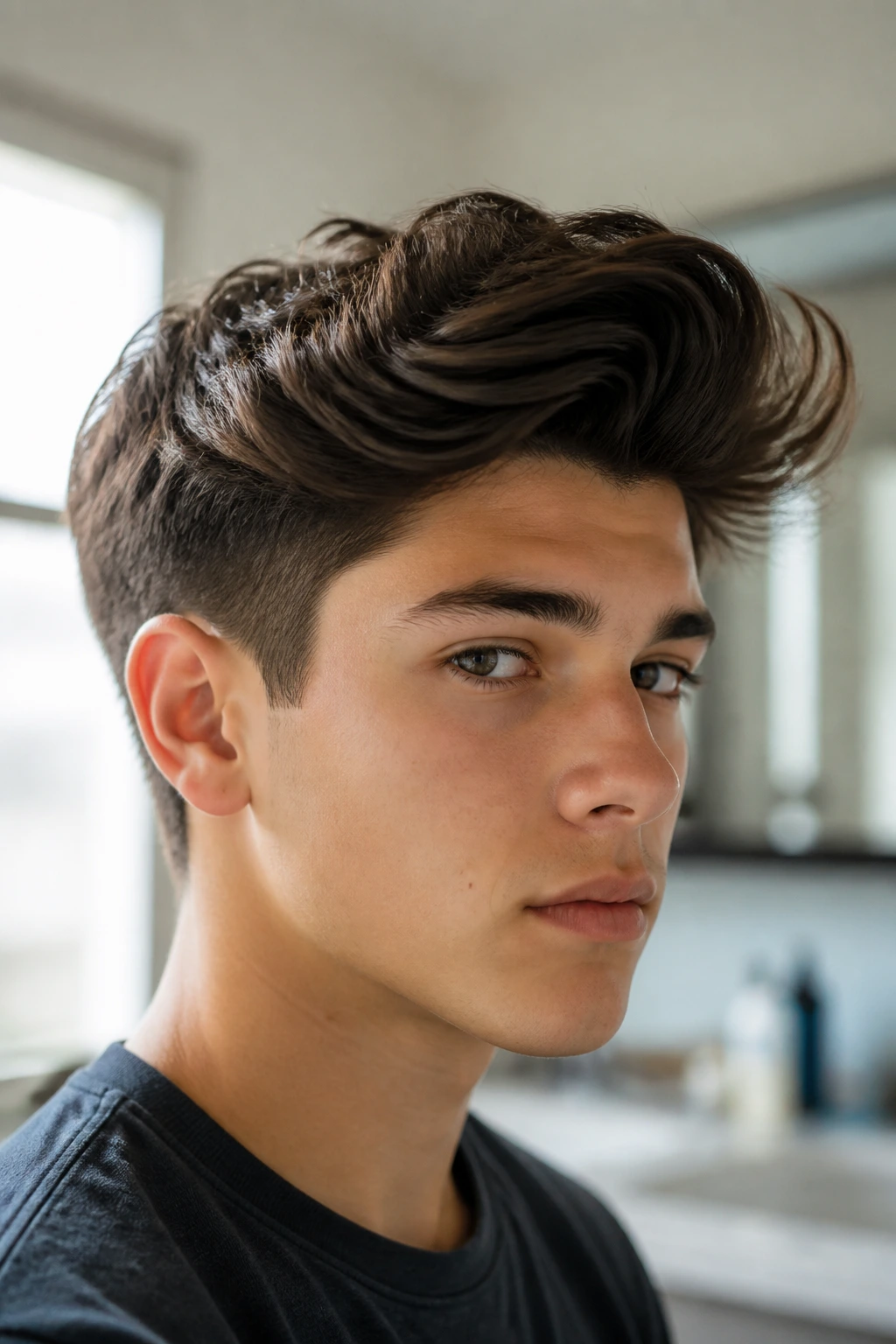 Close-up of a boy's blowout swoop hairstyle