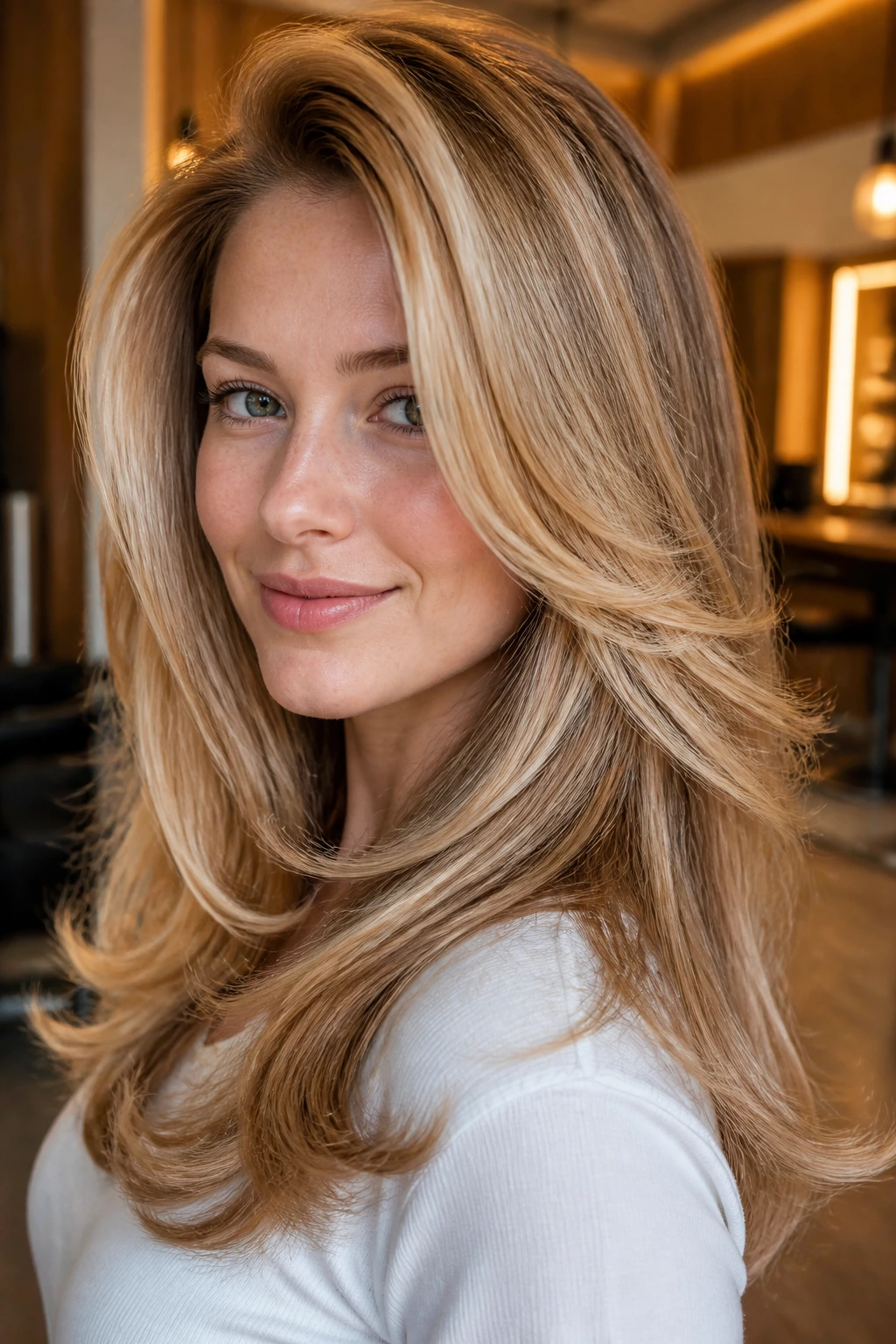 Real woman with toasted almond blowout and glossy blonde.