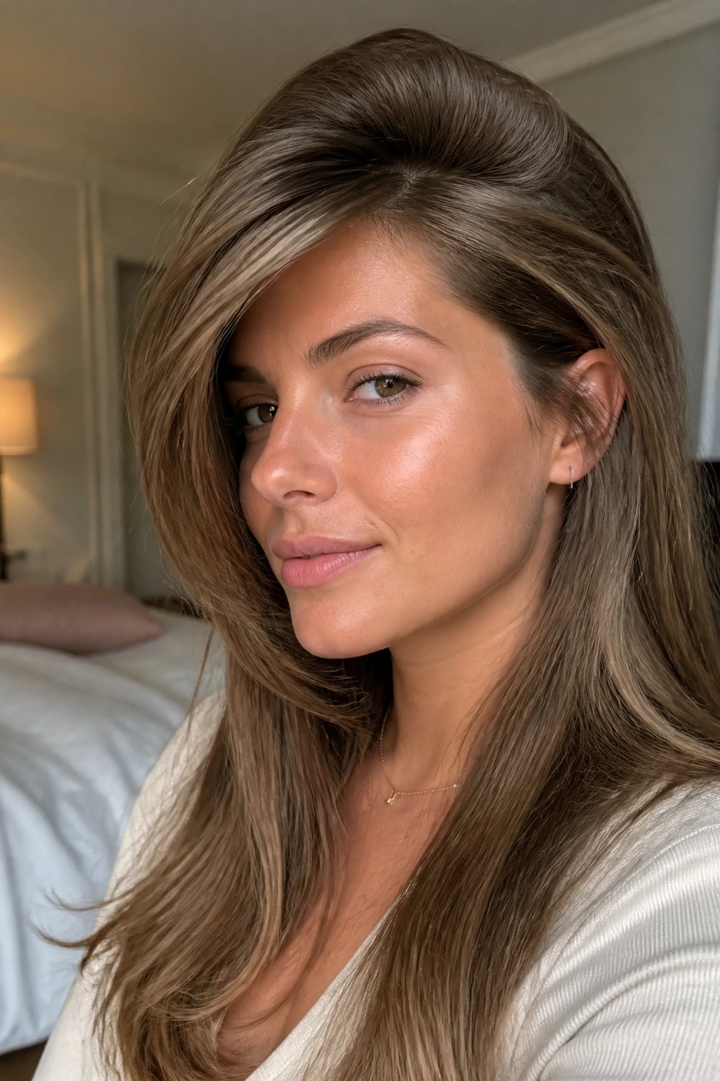 Close-up portrait: real woman with high-lift blowout and tucked bangs