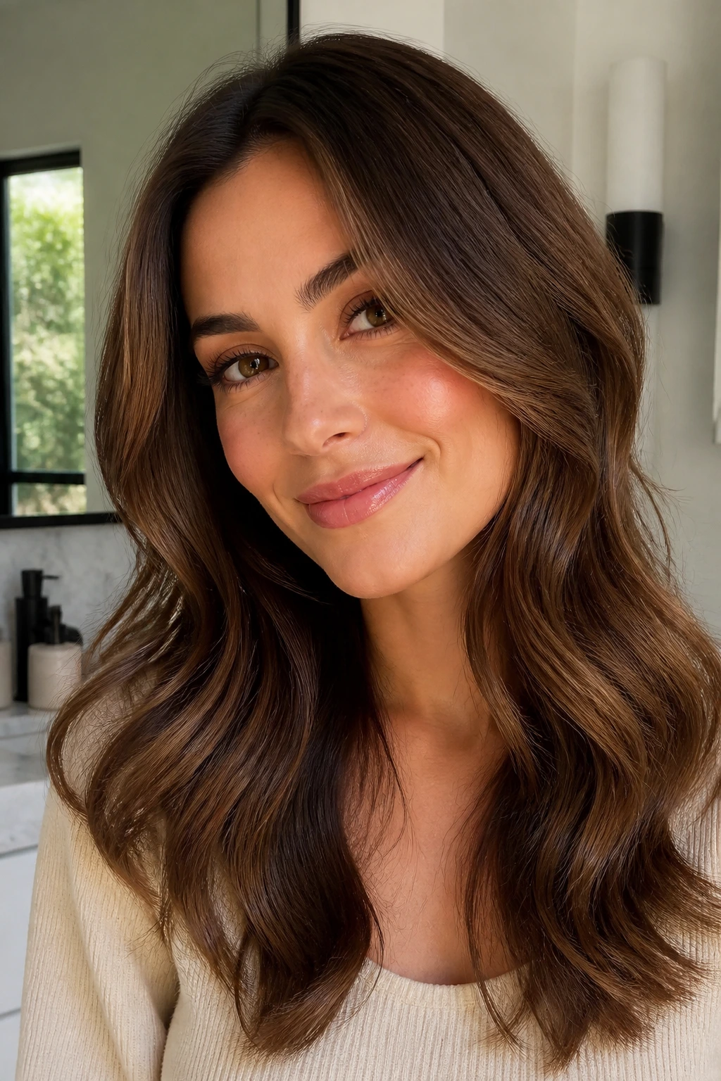 Close-up of a real woman with blowout waves and soft-ended ends framing her face in natural light.