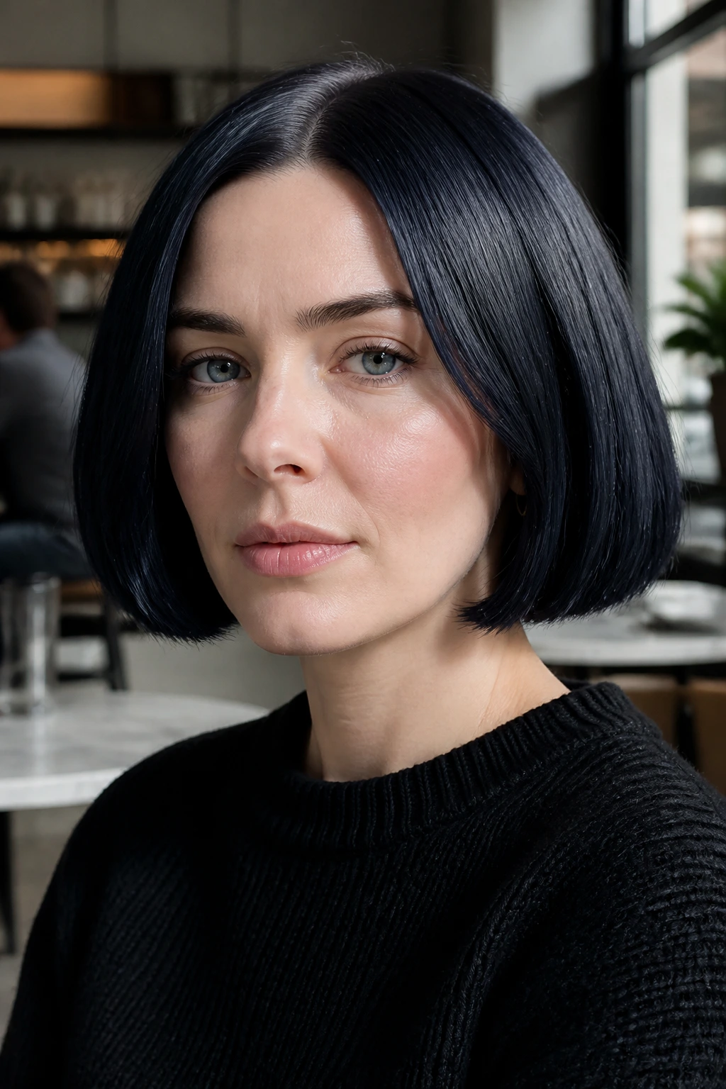 Portrait of a person with a blue-black blunt bob in natural light.