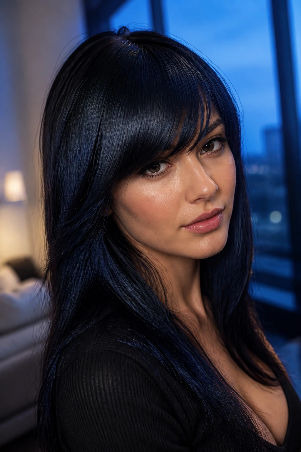 Close-up portrait of a real woman with blue-black brunette hair and side-swept bangs with blue sheen