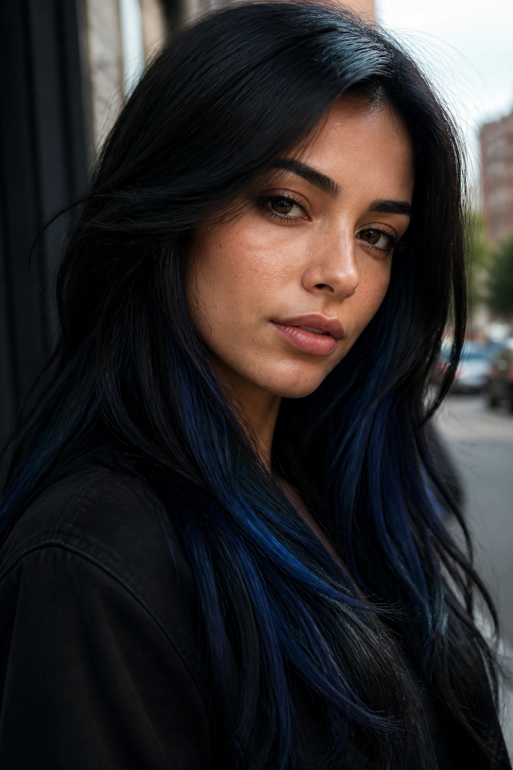 Close-up portrait of a real person with blue-black hair and denim underpainting on olive skin
