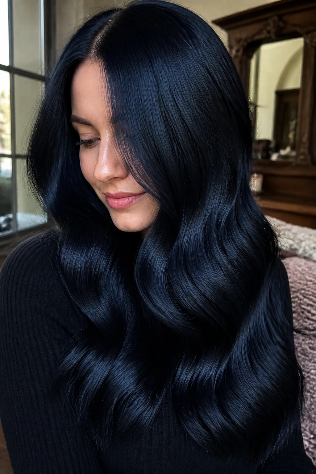 Close-up of a real person with glossy blue-black hair under window light