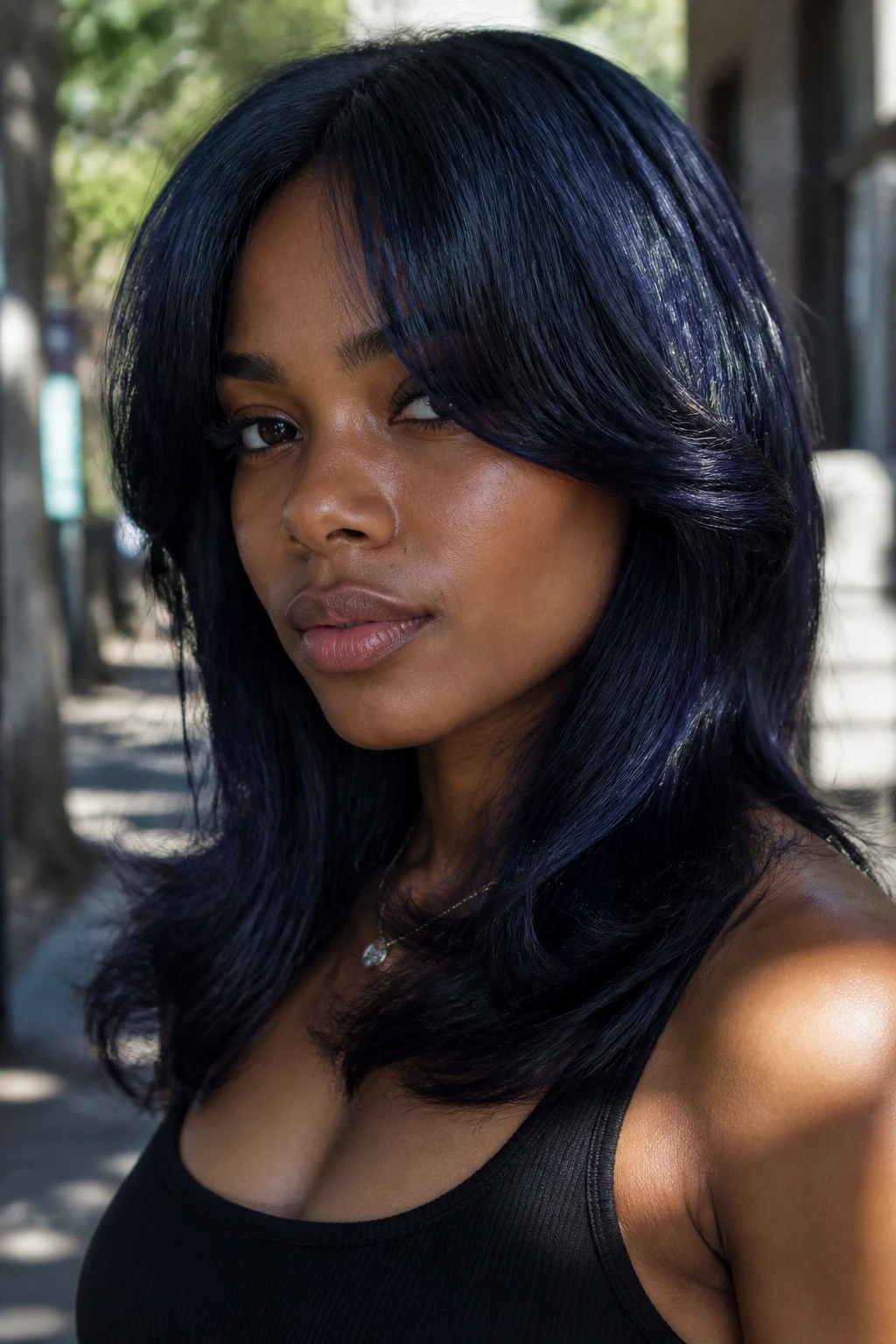 Close-up of a real person with blue-black hair catching light with a blue sheen.