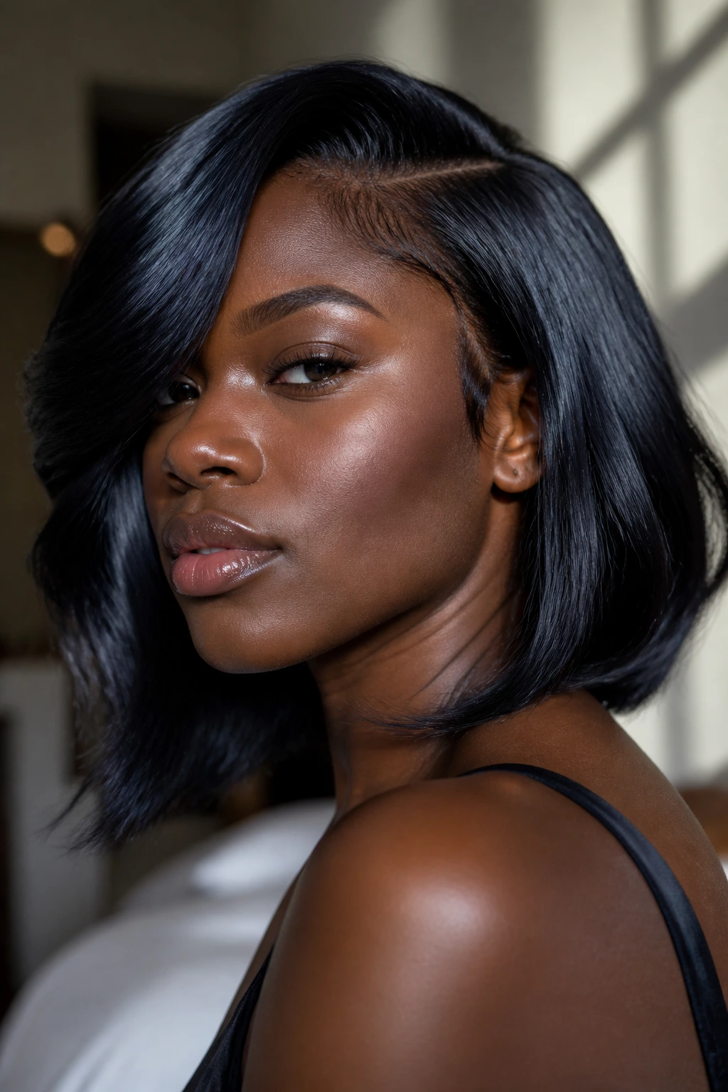 Real person portrait with blue-black glossy hair in window light