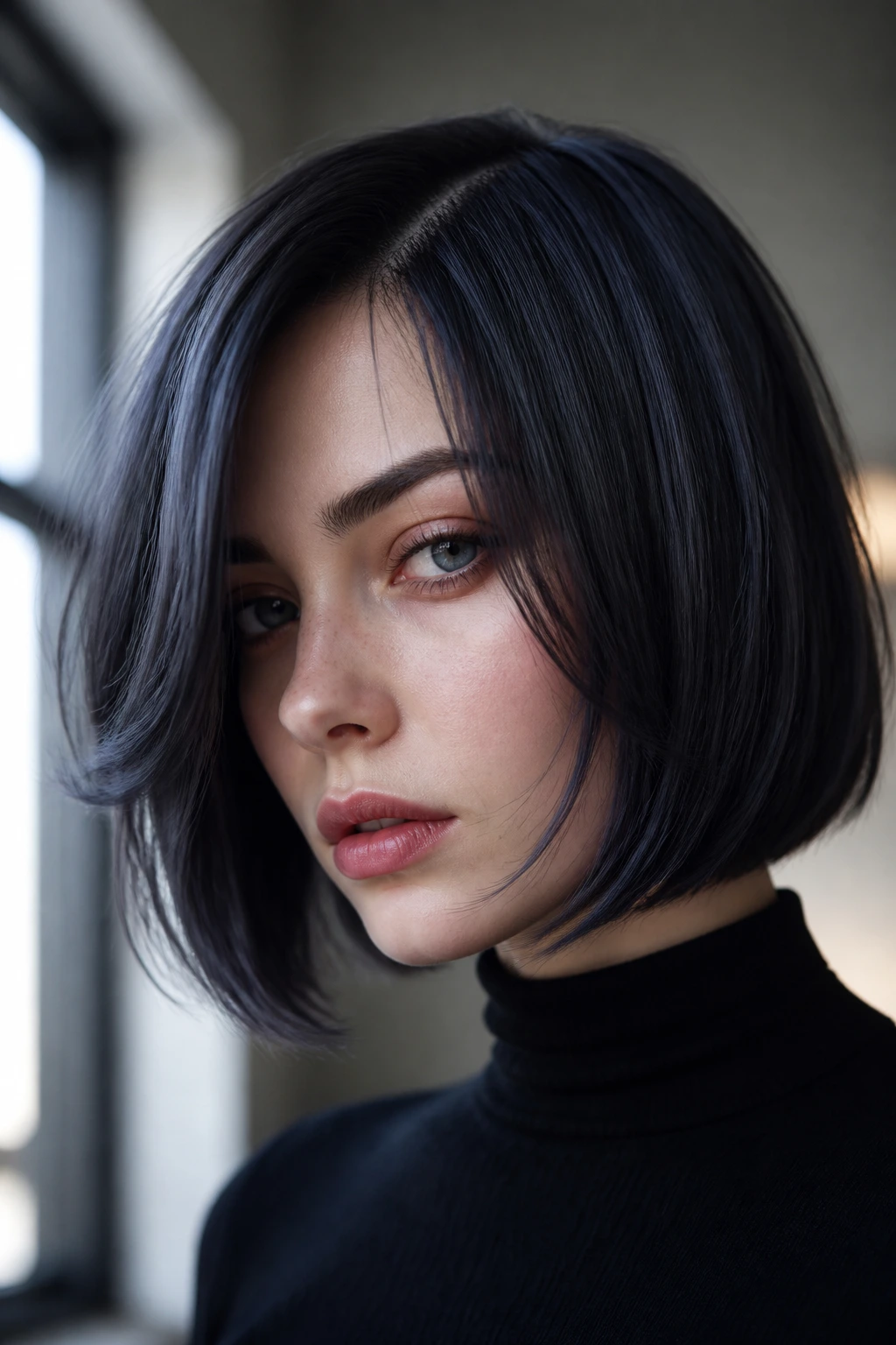 Close-up portrait of a real woman with a blue-black smoke bob hairstyle on pale skin.