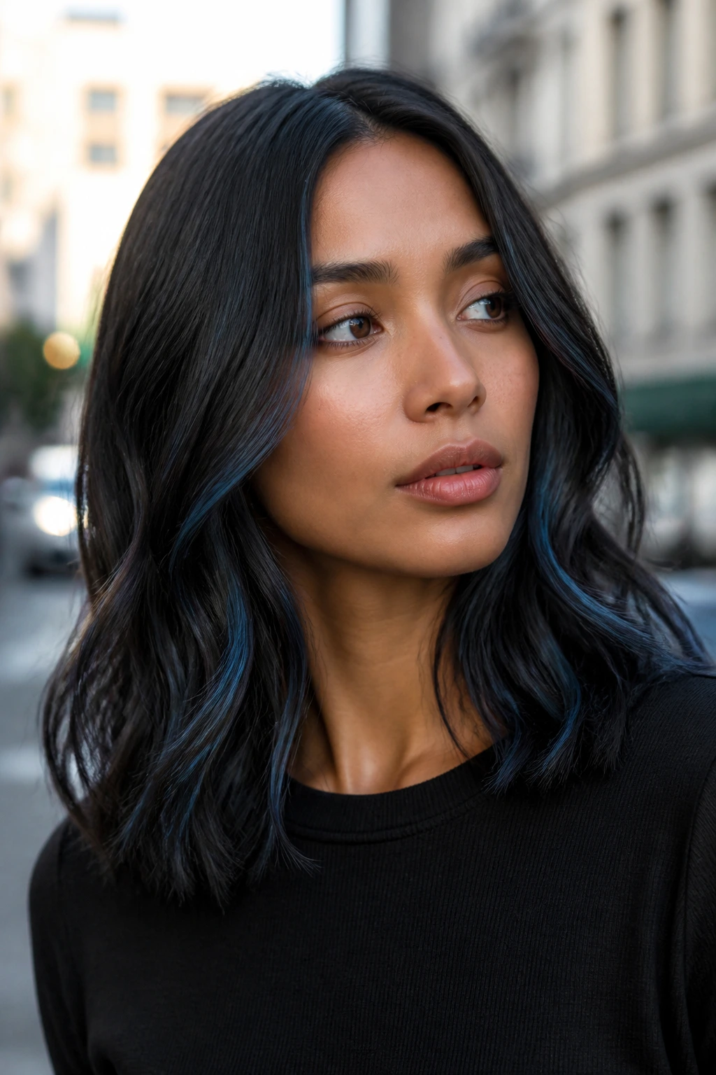 Close-up of blue-black piecey ribbons in mid-length hair on medium skin