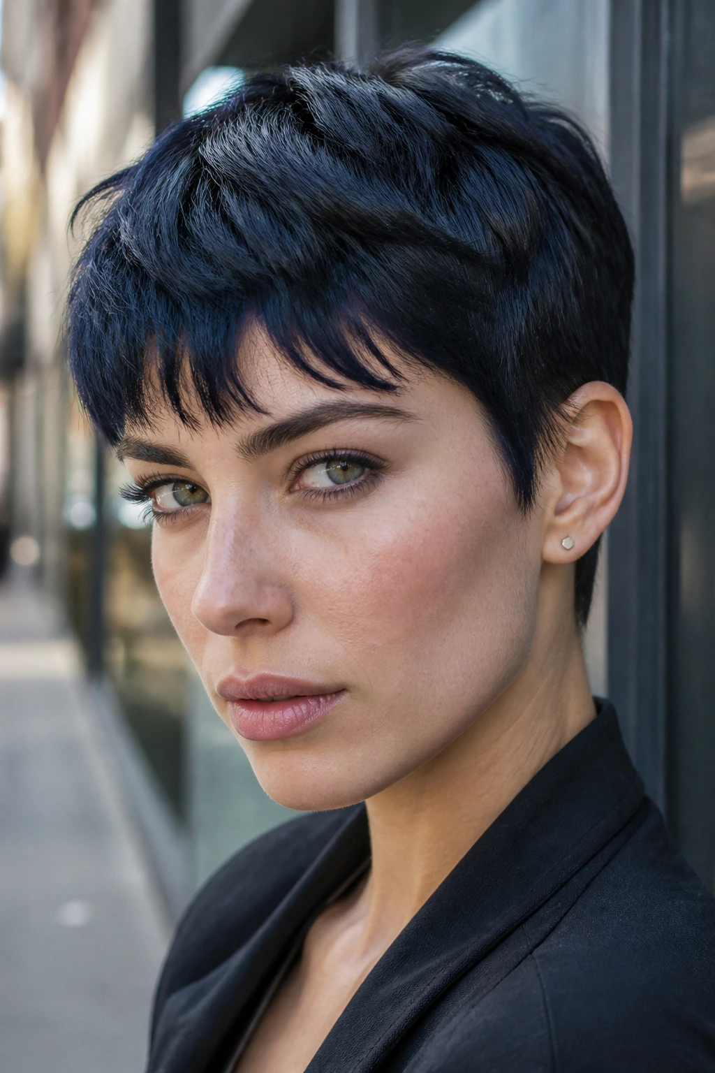Portrait of person with blue-black pixie haircut and cool skin tone