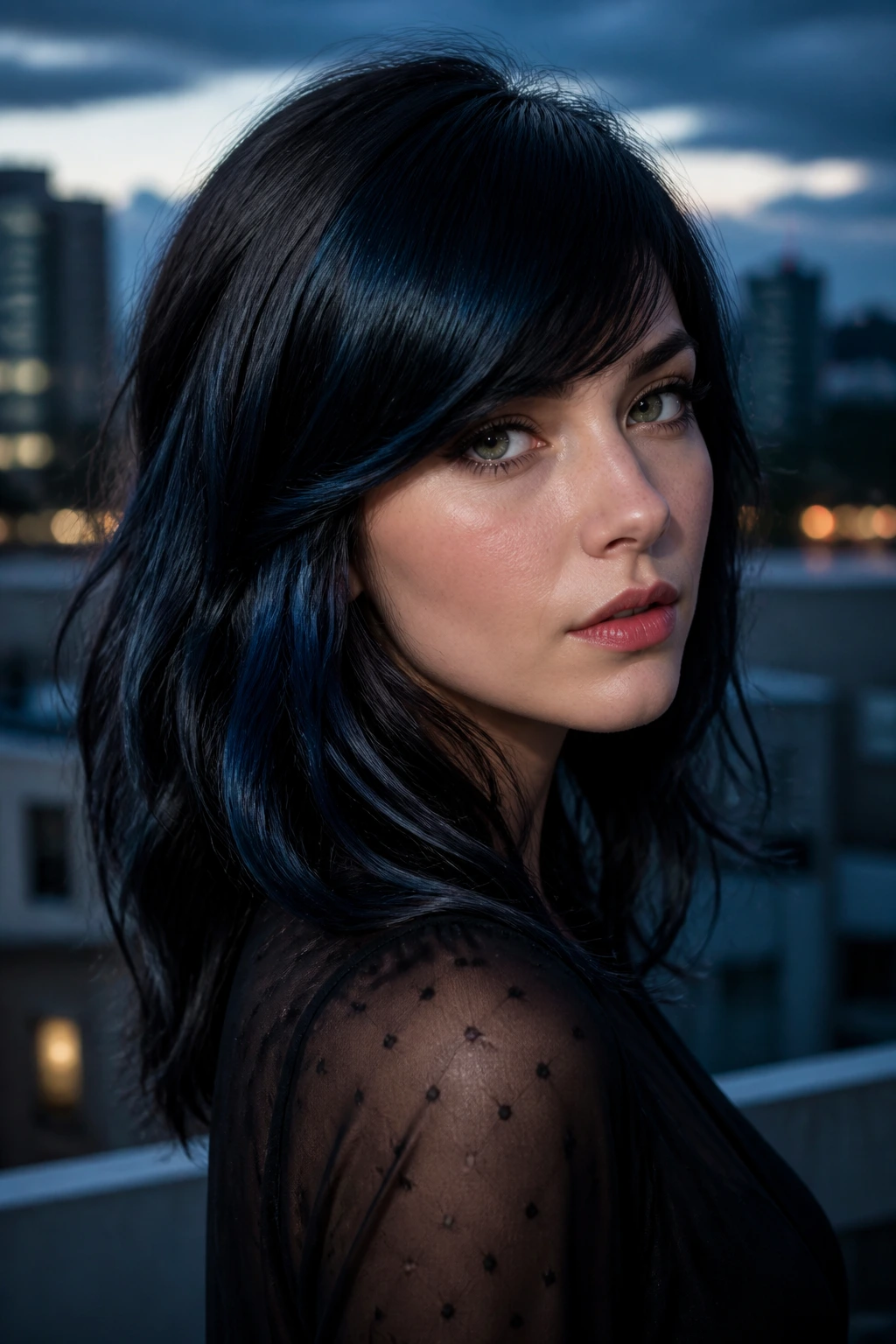 Close-up of a real woman with blue-black hair and side-swept bangs