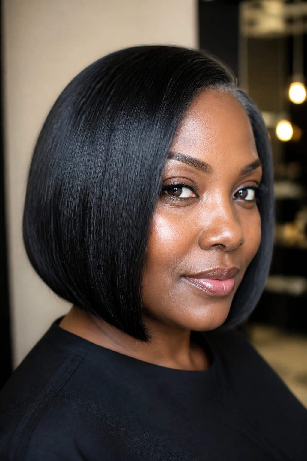 Close-up of a person with blue-black silk-pressed bob