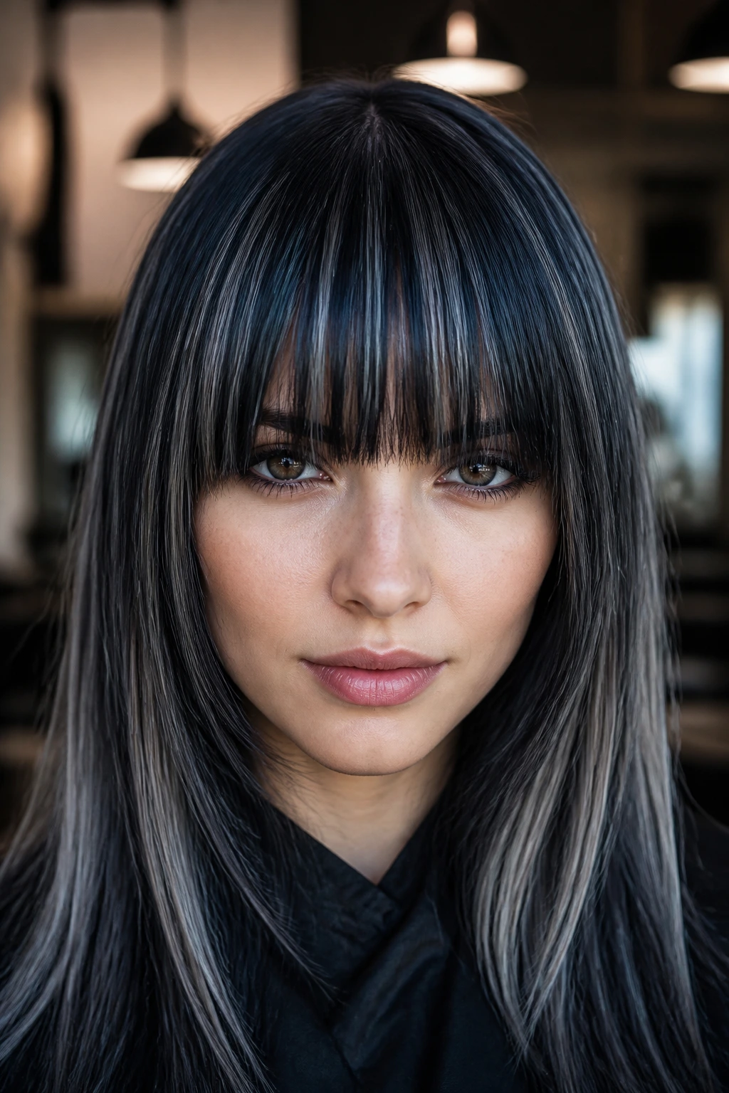 Portrait of a person with blue-black hair and silver veil highlights