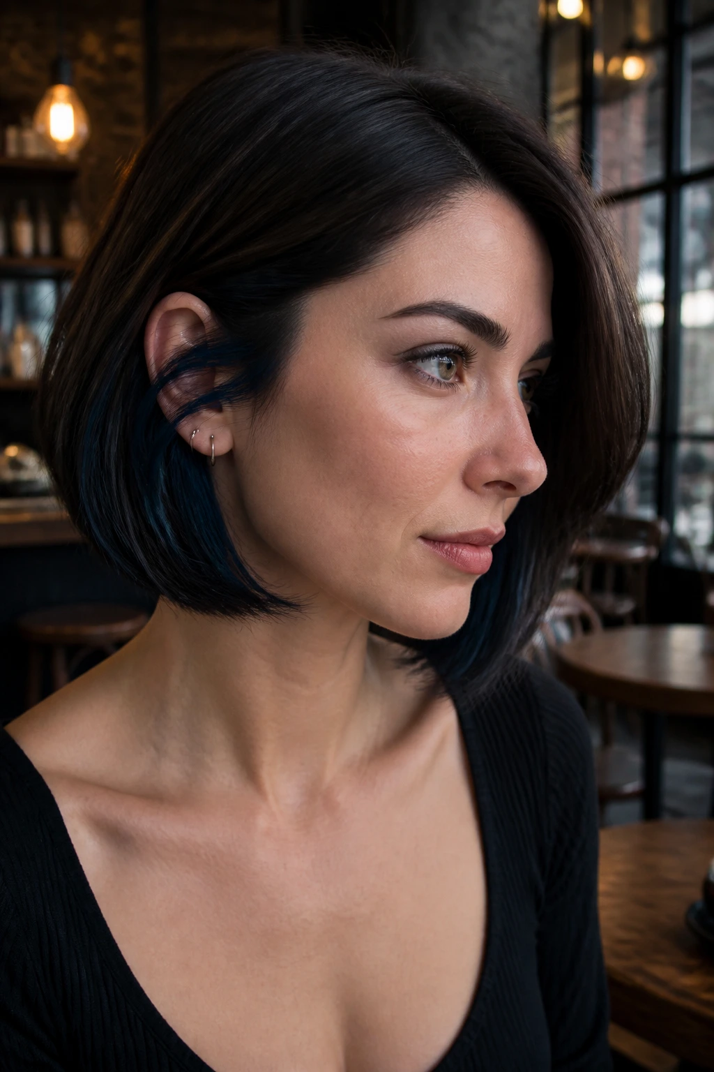 Portrait of a woman with blue-black underlights in a bob.