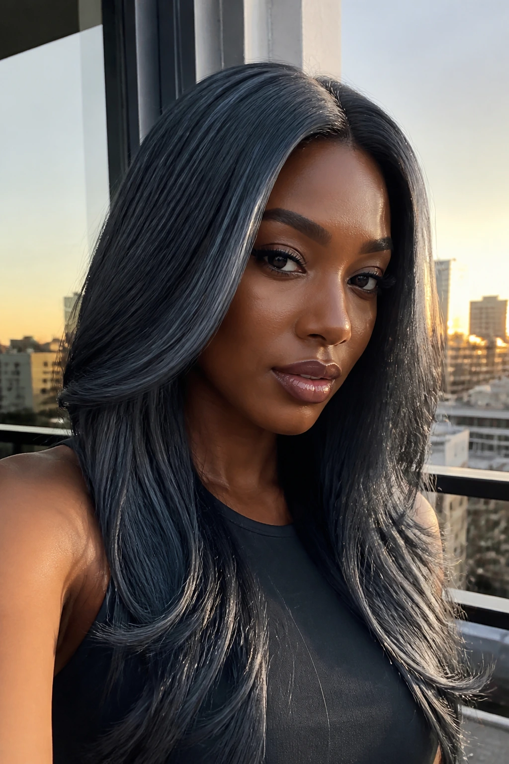 Close-up of a real woman with Blue-Gray Black hair showing blue-gray sheen