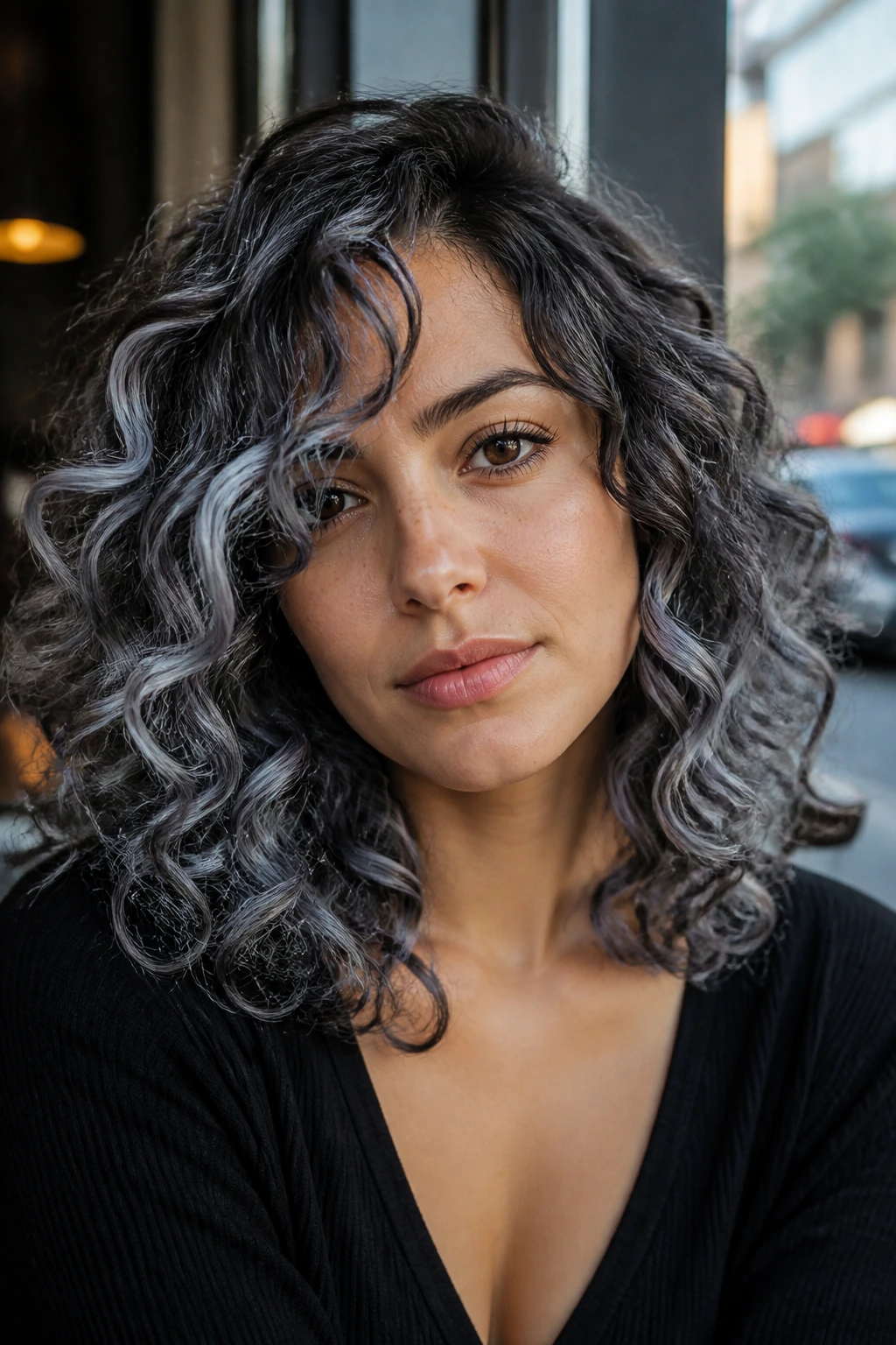 Close-up of cool blue-gray silver tint in curly brunette hair
